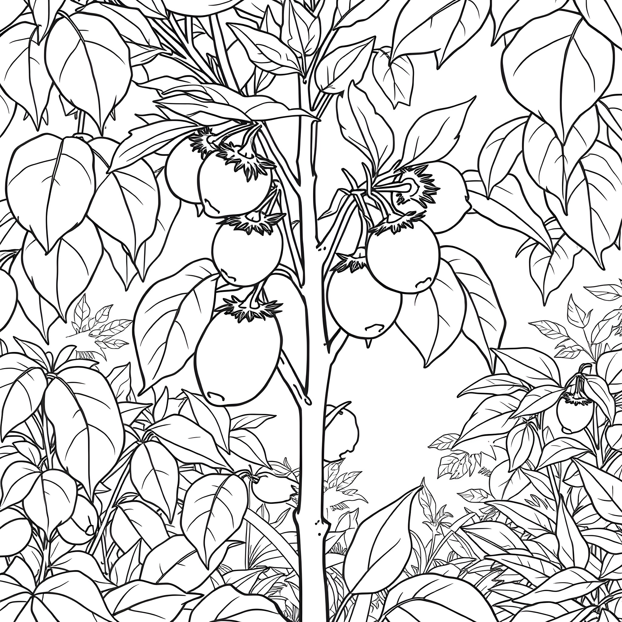 Canistel fruit growing amidst lush foliage Coloring Page (free black-and-white line drawing printable PDF for all, from beginners to advanced learners, including children, teens, adults, and seniors)