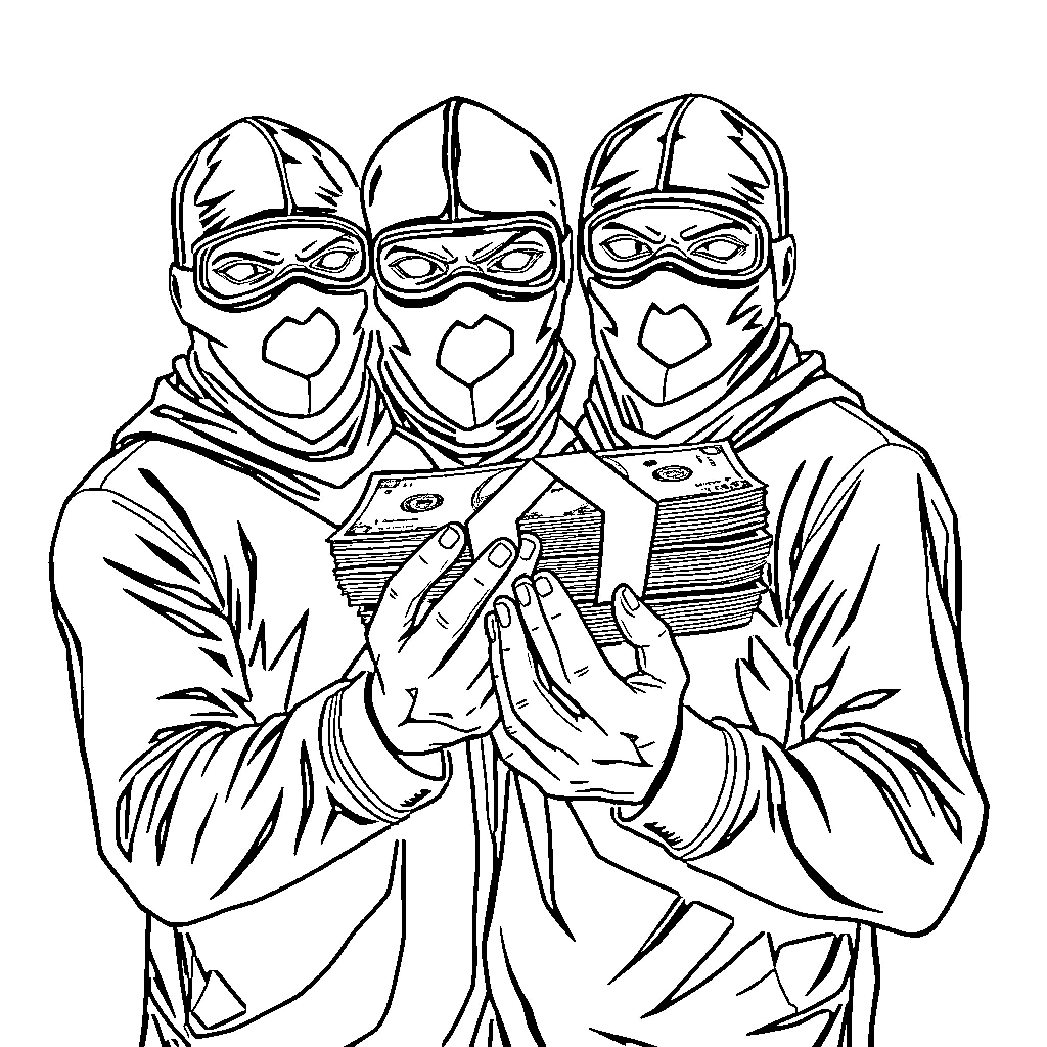 Men in Masks Handling Cash Stacks Coloring Page (free black-and-white line drawing printable PDF for all, from beginners to advanced learners, including children, teens, adults, and seniors)
