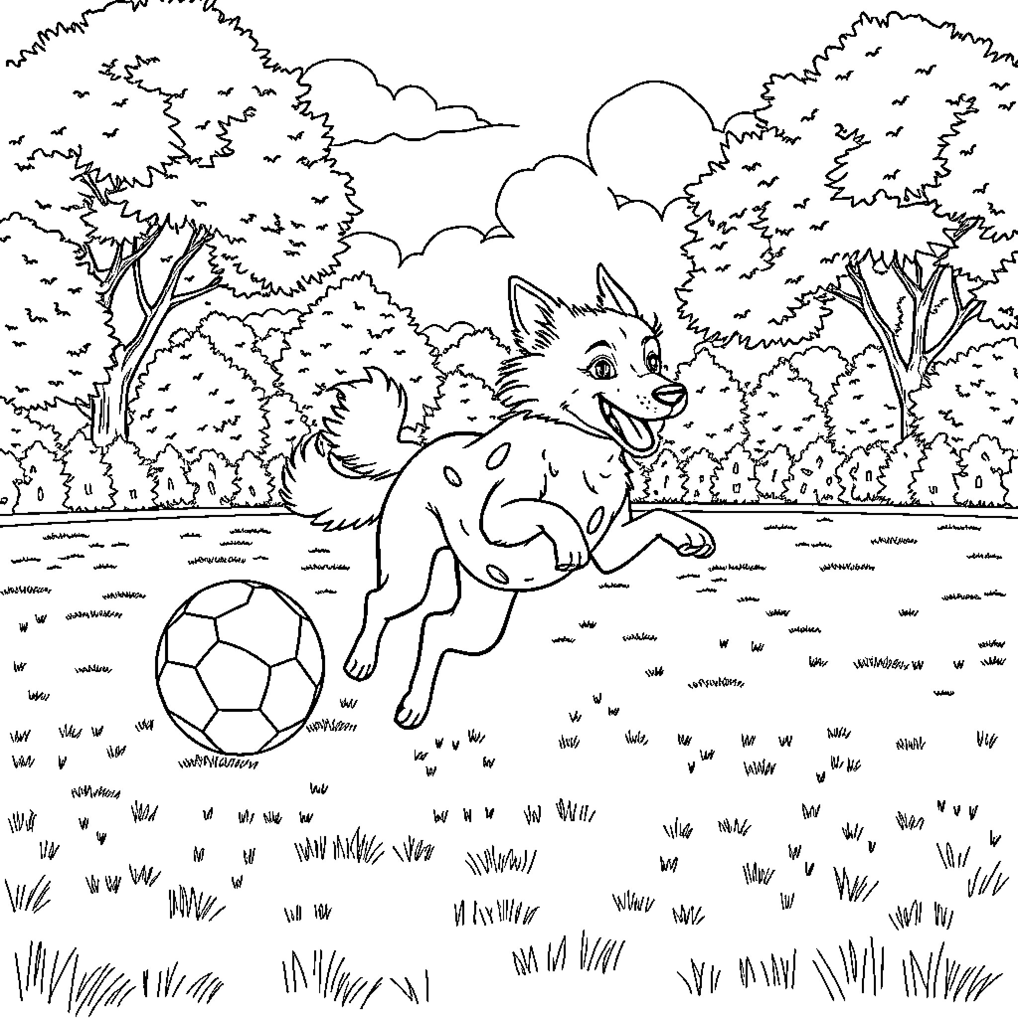 Paw Patrol character playing with soccer ball in nature Coloring Page (free black-and-white line drawing printable PDF for all, from beginners to advanced learners, including children, teens, adults, and seniors)