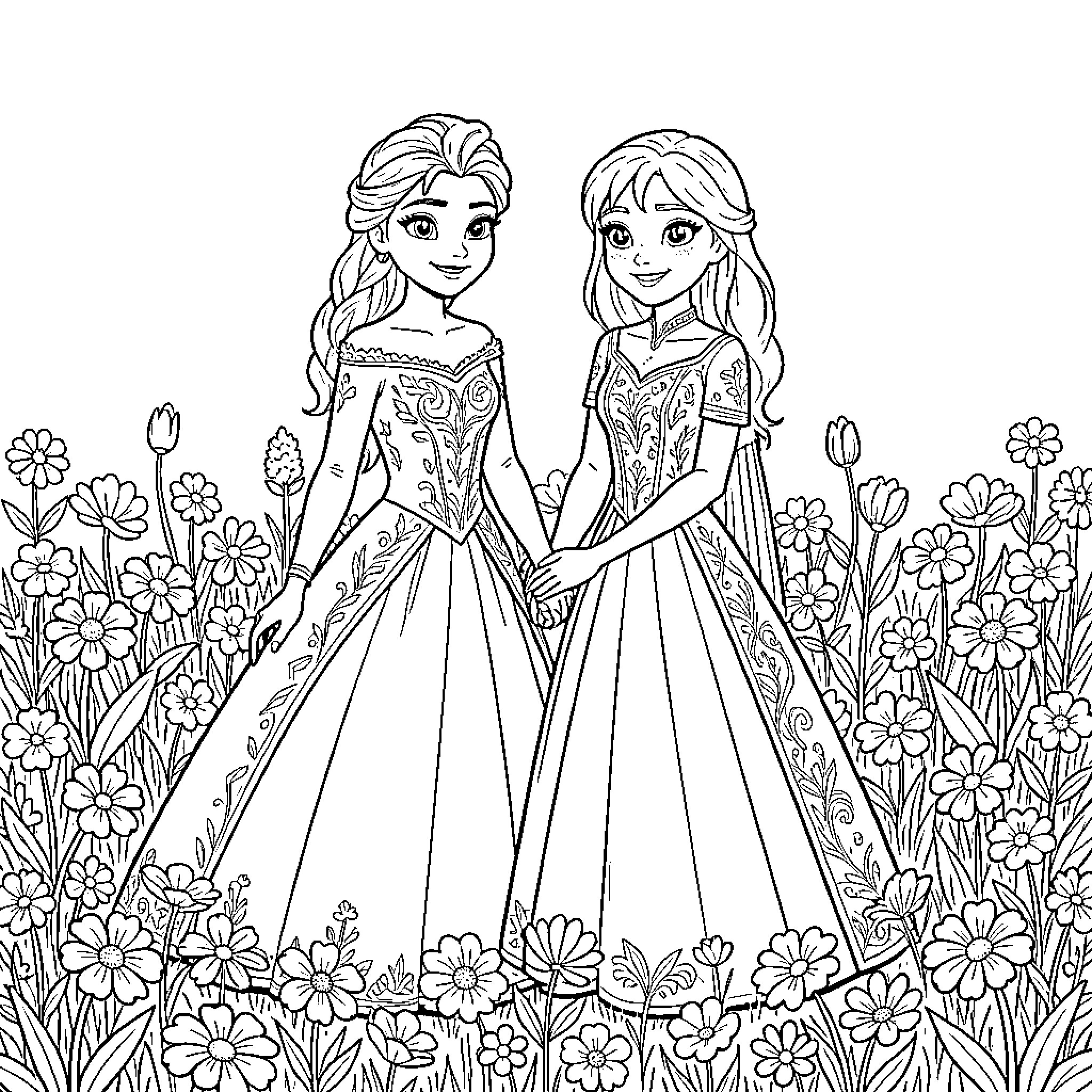 Elsa and Anna holding hands in a flower field Coloring Page (free black-and-white line drawing printable PDF for all, from beginners to advanced learners, including children, teens, adults, and seniors)
