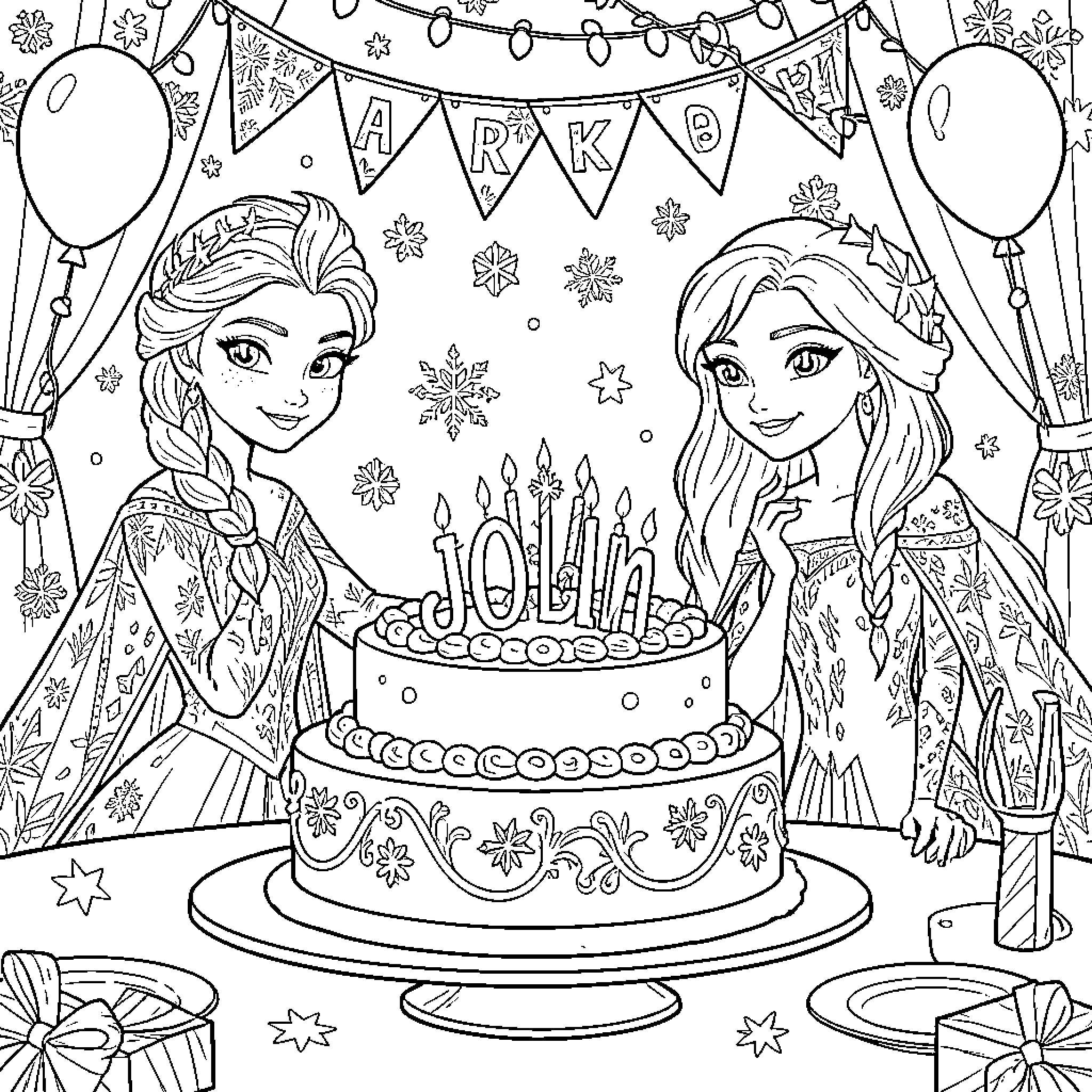 Jordin celebrating a birthday with two young princesses Coloring Page (free black-and-white line drawing printable PDF for all, from beginners to advanced learners, including children, teens, adults, and seniors)