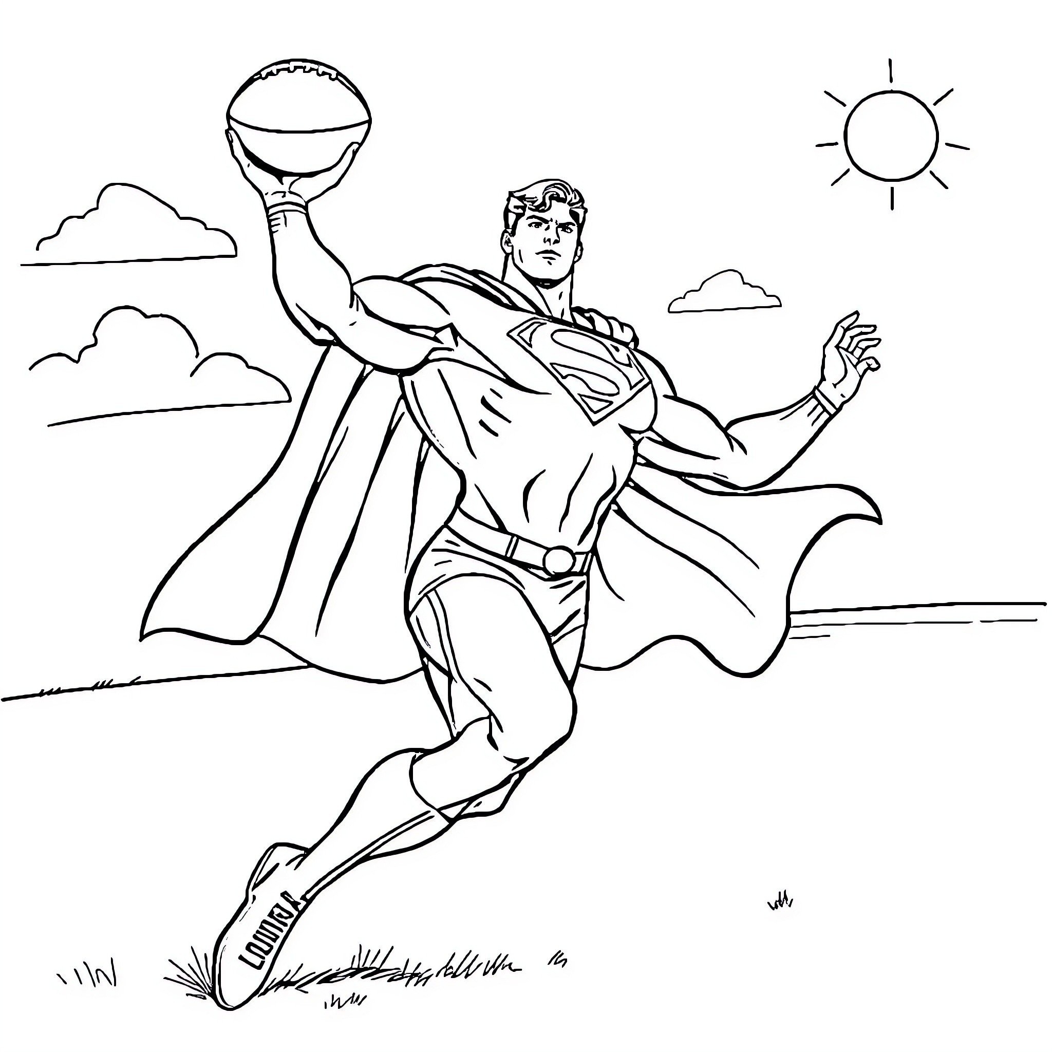 Superman soaring in the sky with heroic pose Coloring Page (free black-and-white line drawing printable PDF for all, from beginners to advanced learners, including children, teens, adults, and seniors)