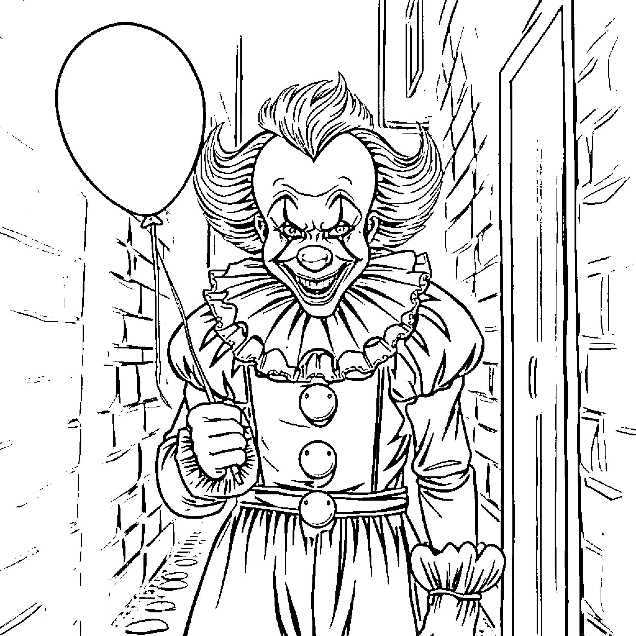 Clown with a menacing expression and balloon Coloring Page (free black-and-white line drawing printable PDF for all, from beginners to advanced learners, including children, teens, adults, and seniors)