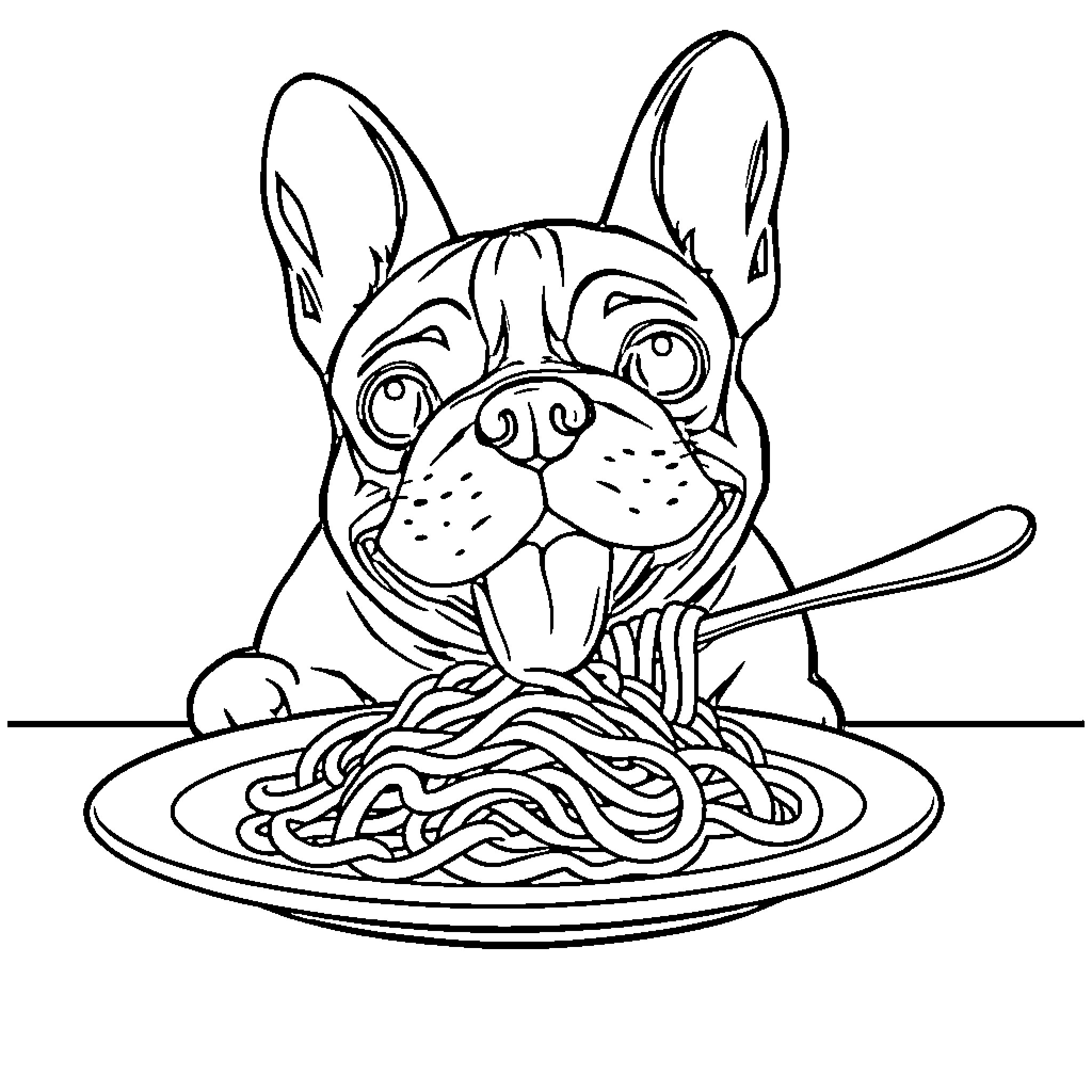 French Bulldog Enjoying a Plate of Spaghetti Coloring Page (free black-and-white line drawing printable PDF for all, from beginners to advanced learners, including children, teens, adults, and seniors)