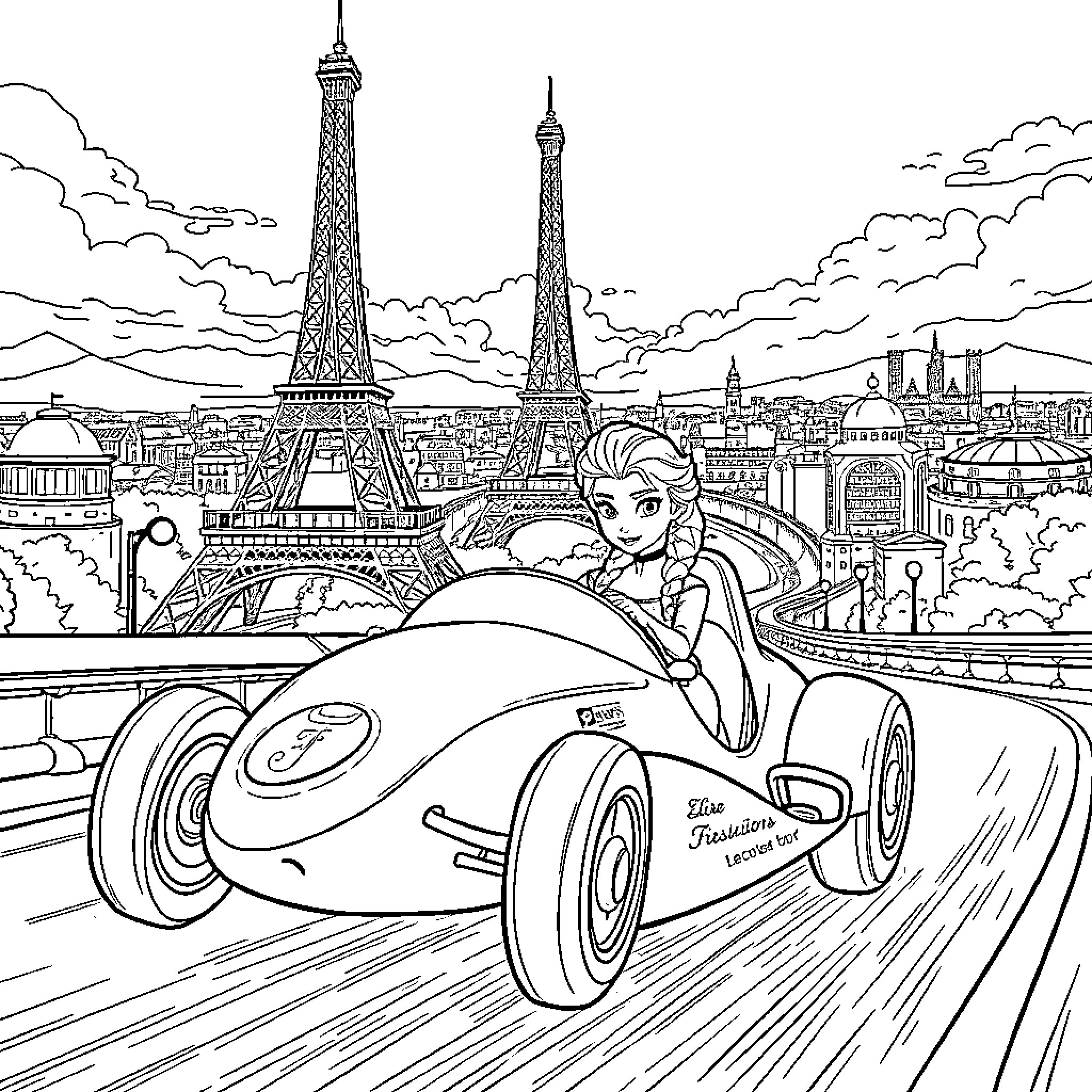 Elsa's Joyride through the Streets of Paris Coloring Page (free black-and-white line drawing printable PDF for all, from beginners to advanced learners, including children, teens, adults, and seniors)