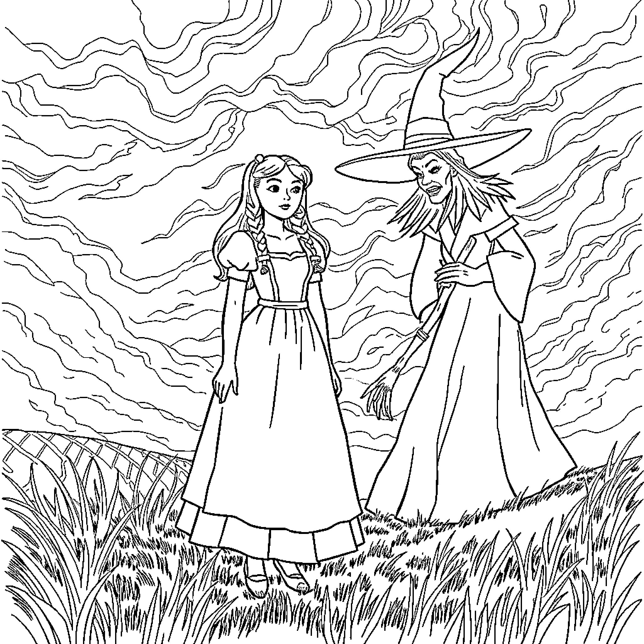Dorothy and the Wicked Witch in the Enchanted Forest Coloring Page (free black-and-white line drawing printable PDF for all, from beginners to advanced learners, including children, teens, adults, and seniors)