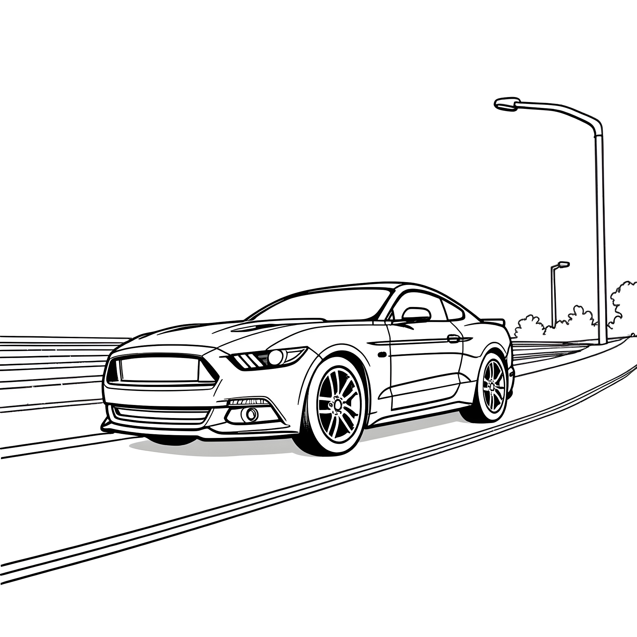 Ford Mustang speeding down the road Coloring Page (free black-and-white line drawing printable PDF for all, from beginners to advanced learners, including children, teens, adults, and seniors)