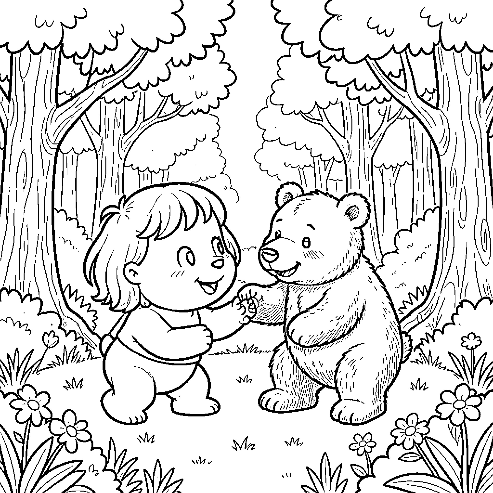 Marsha and her friendly bear in the enchanting forest Coloring Page (free black-and-white line drawing printable PDF for all, from beginners to advanced learners, including children, teens, adults, and seniors)