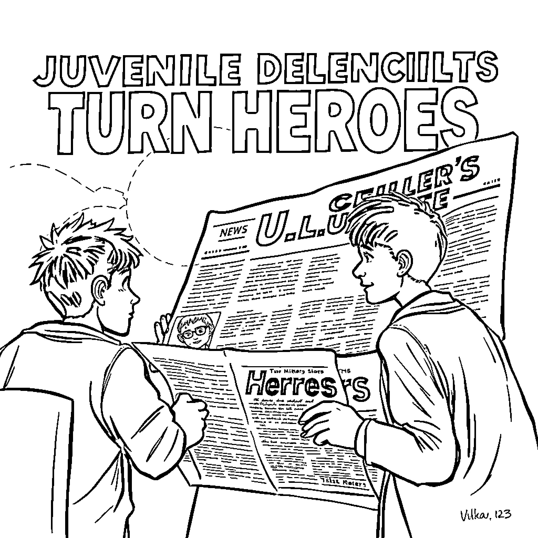 Juvenile Delinquents Turn Heroes Coloring Page (free black-and-white line drawing printable PDF for all, from beginners to advanced learners, including children, teens, adults, and seniors)