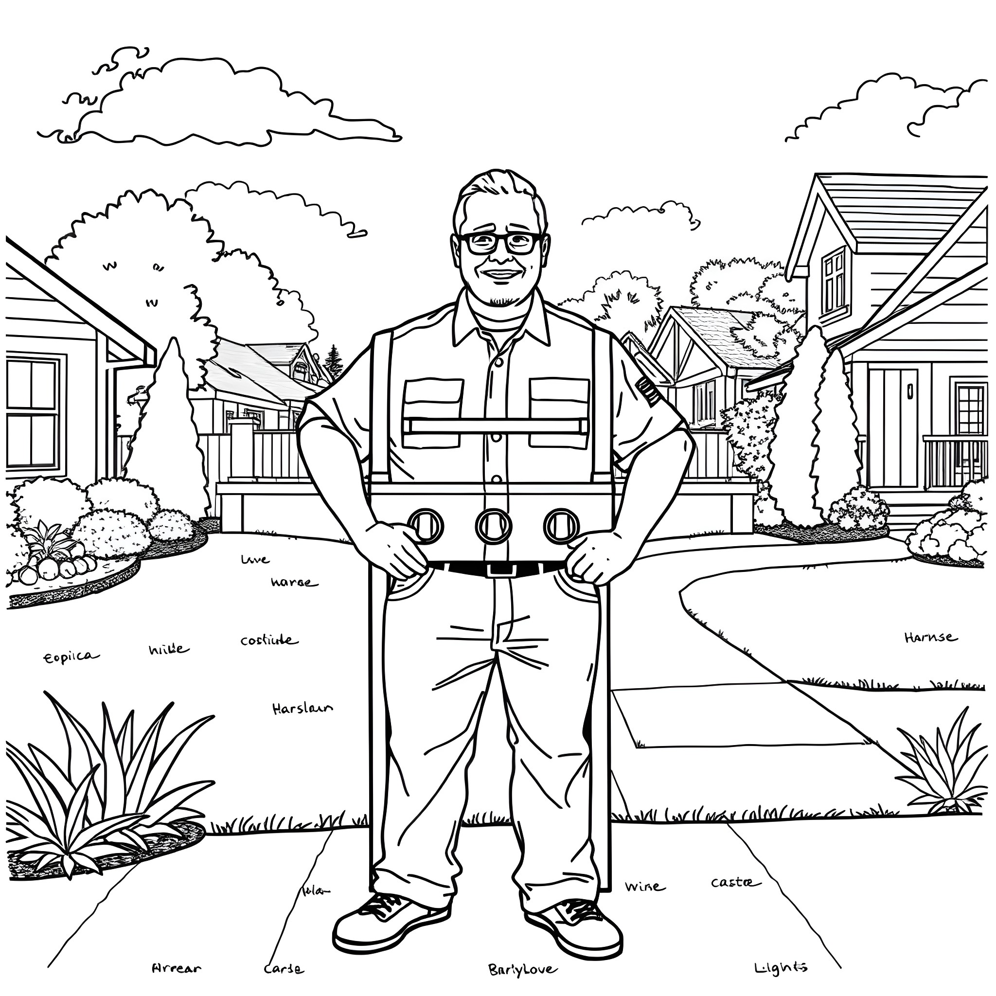 Hank Hill supervising yard work in a neighborhood Coloring Page (free black-and-white line drawing printable PDF for all, from beginners to advanced learners, including children, teens, adults, and seniors)