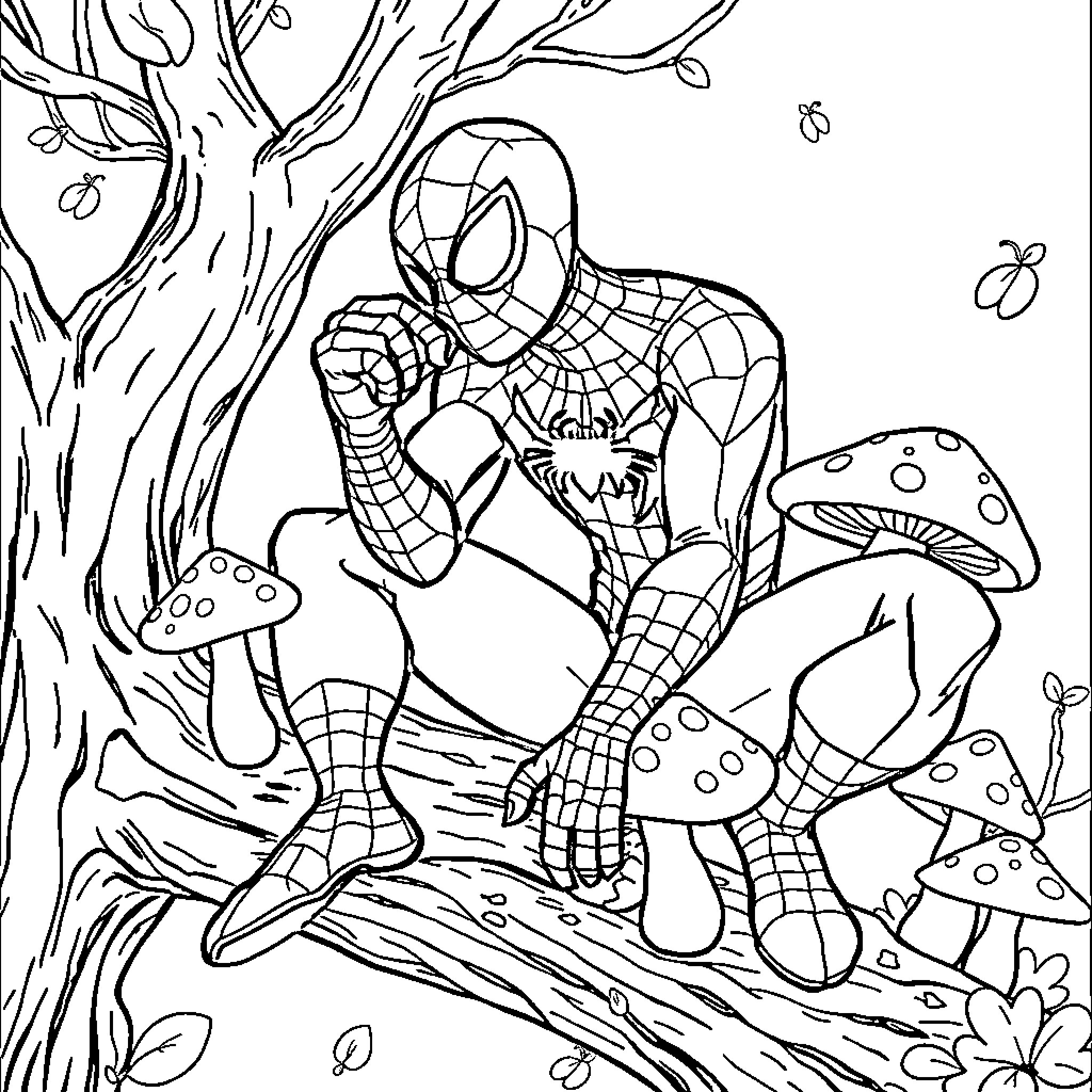 Spiderman swinging through a mystical forest Coloring Page (free black-and-white line drawing printable PDF for all, from beginners to advanced learners, including children, teens, adults, and seniors)