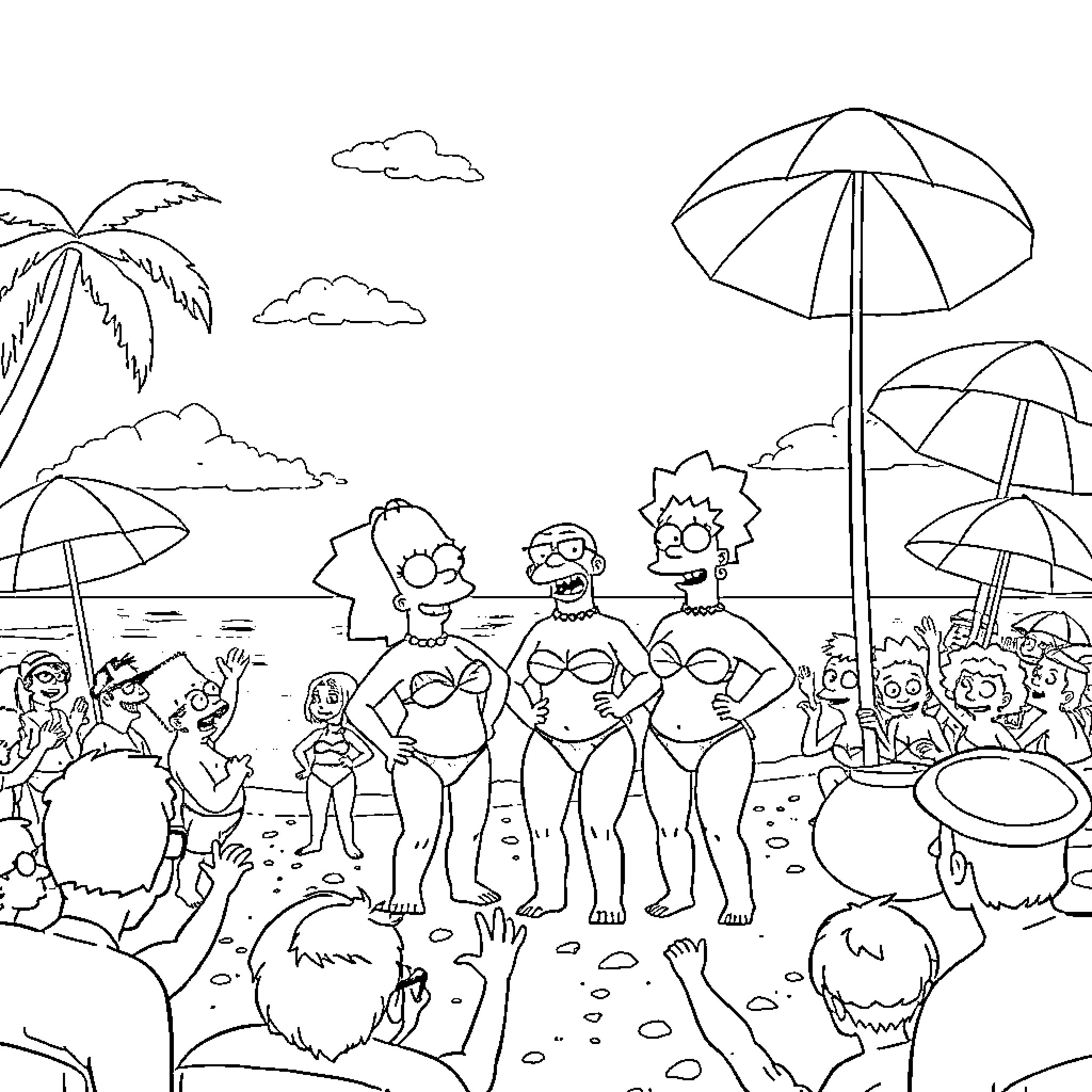 Simpsons family enjoying a beach day with friends Coloring Page (free black-and-white line drawing printable PDF for all, from beginners to advanced learners, including children, teens, adults, and seniors)