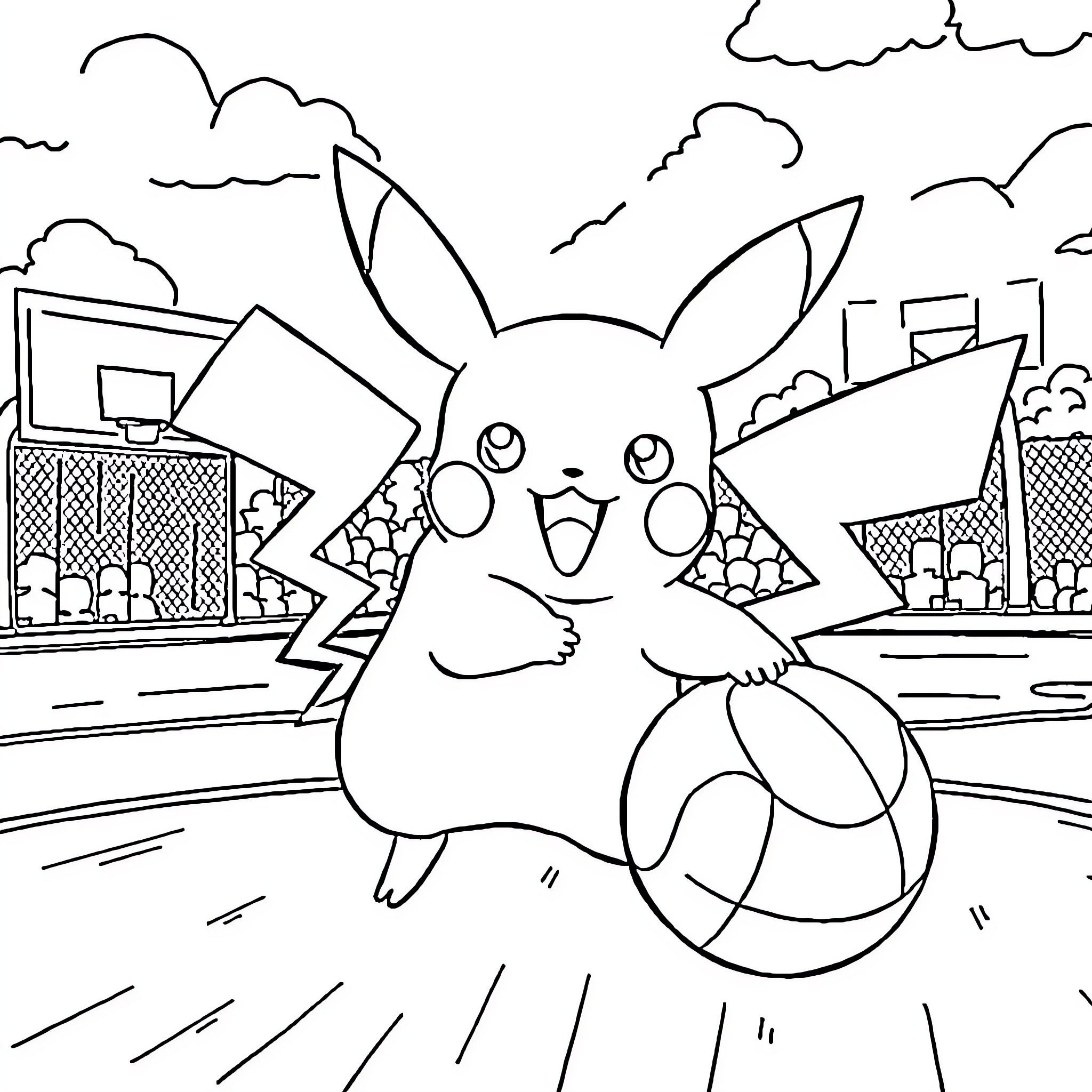 Pikachu playing with a basketball in a city Coloring Page (free black-and-white line drawing printable PDF for all, from beginners to advanced learners, including children, teens, adults, and seniors)
