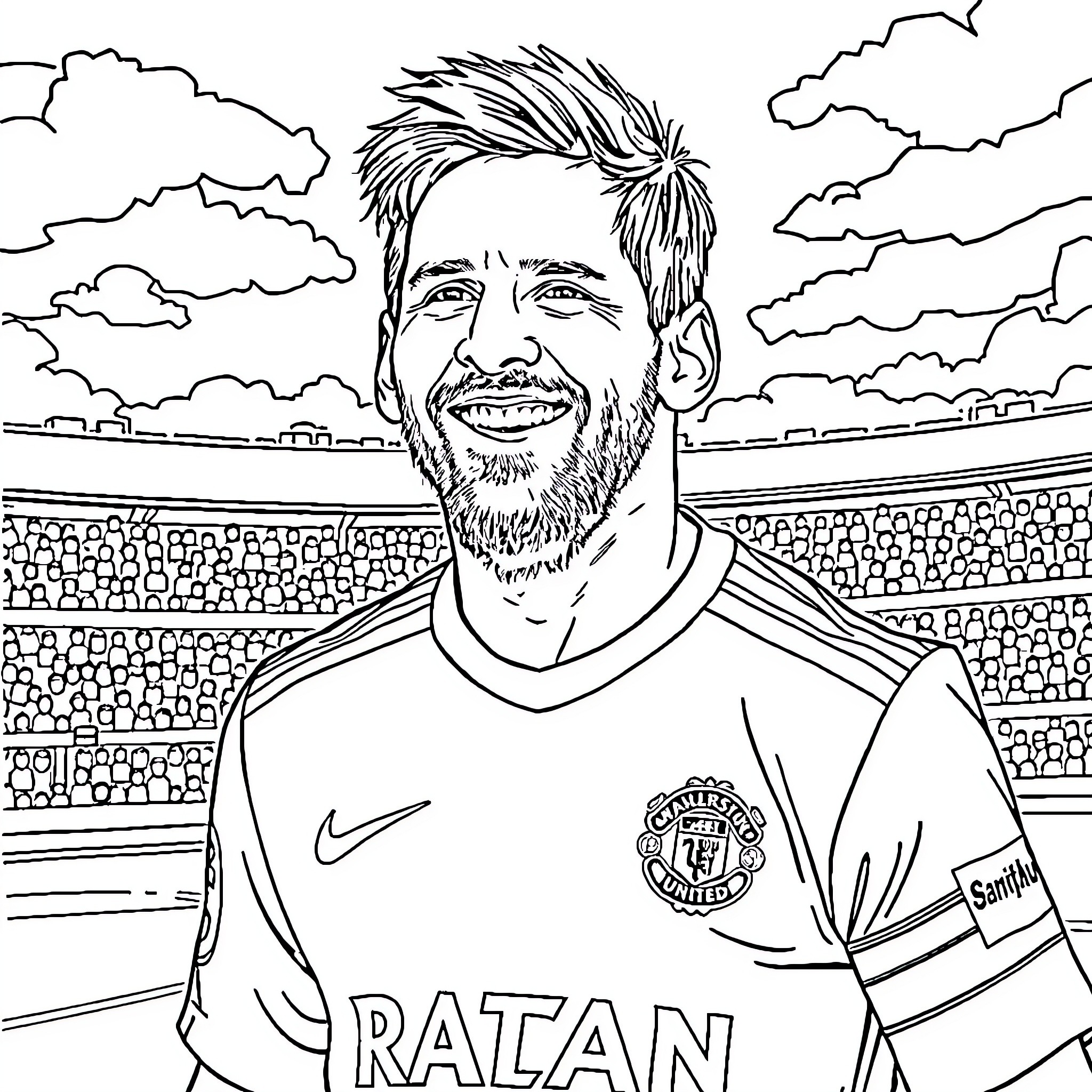 Lionel Messi Celebrates Goal in Soccer Stadium Coloring Page (free black-and-white line drawing printable PDF for all, from beginners to advanced learners, including children, teens, adults, and seniors)