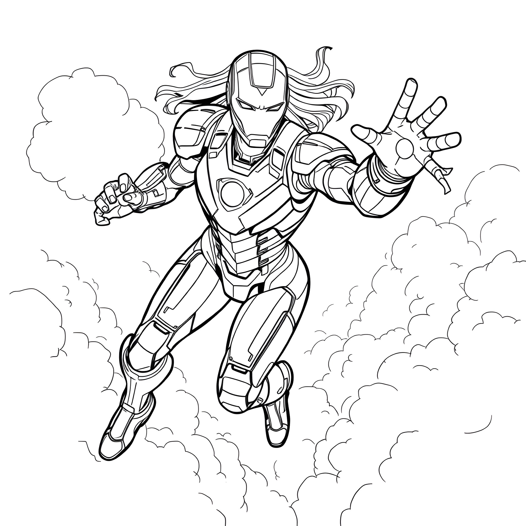 Woman Ironman in action heroic pose Coloring Page (free black-and-white line drawing printable PDF for all, from beginners to advanced learners, including children, teens, adults, and seniors)