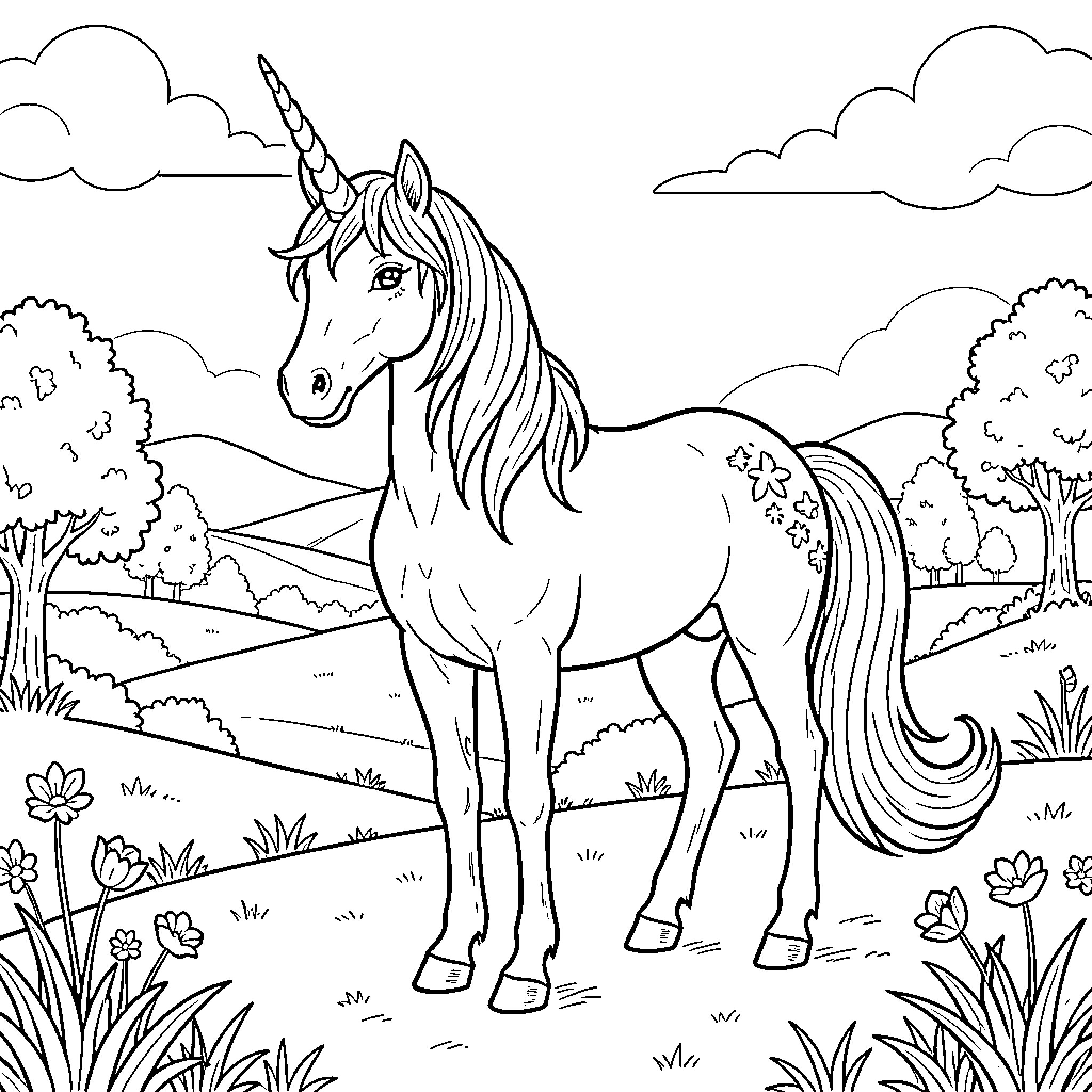 Unicorn standing peacefully in a flowery landscape Coloring Page (free black-and-white line drawing printable PDF for all, from beginners to advanced learners, including children, teens, adults, and seniors)