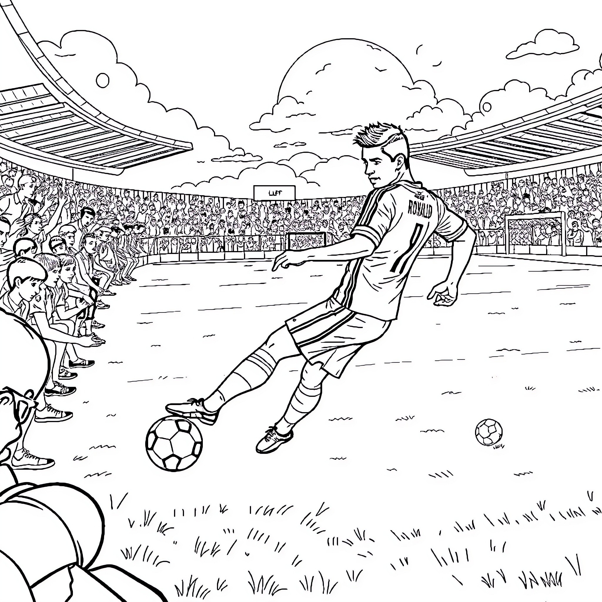 Ronaldo Dribbling on the Soccer Field Coloring Page (free black-and-white line drawing printable PDF for all, from beginners to advanced learners, including children, teens, adults, and seniors)