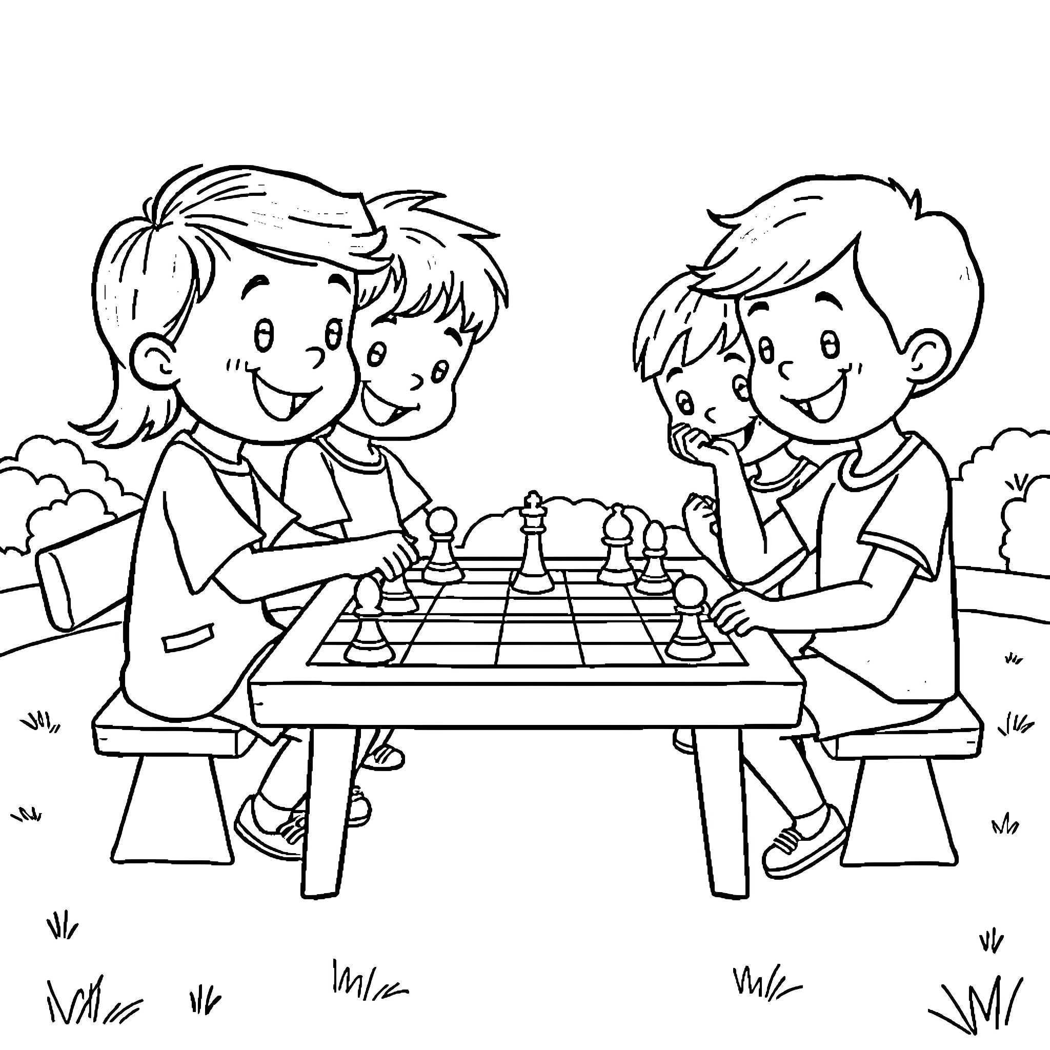 Children playing chess in the park Coloring Page (free black-and-white line drawing printable PDF for all, from beginners to advanced learners, including children, teens, adults, and seniors)