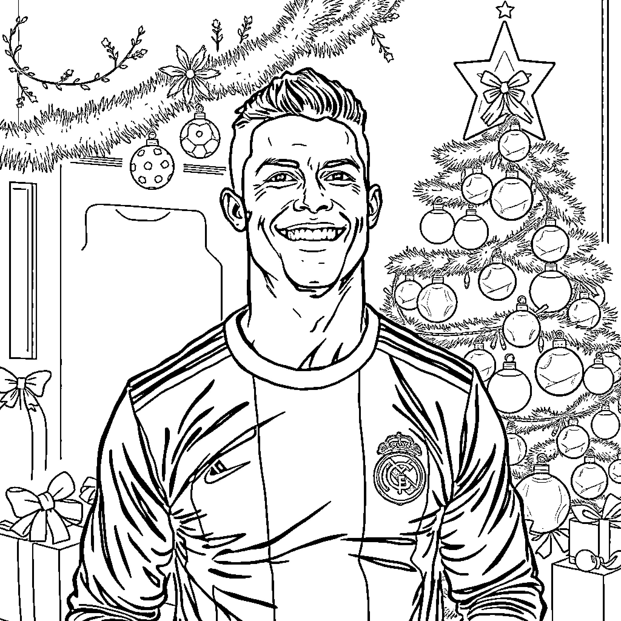 Cristiano Ronaldo Celebrating Christmas with a Decorated Tree Coloring Page (free black-and-white line drawing printable PDF for all, from beginners to advanced learners, including children, teens, adults, and seniors)