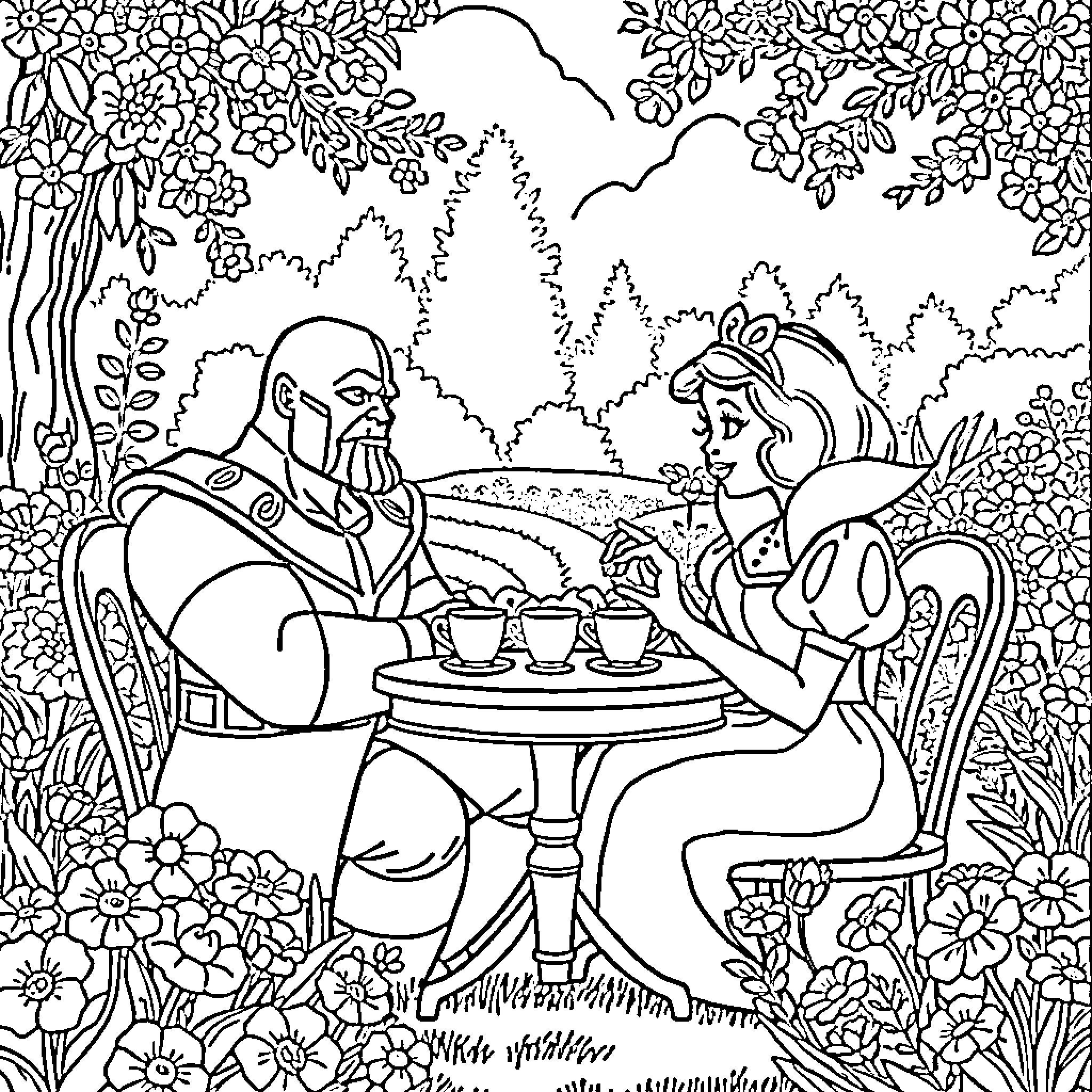 Thanos enjoys a relaxing tea party with Princess Peach Coloring Page (free black-and-white line drawing printable PDF for all, from beginners to advanced learners, including children, teens, adults, and seniors)
