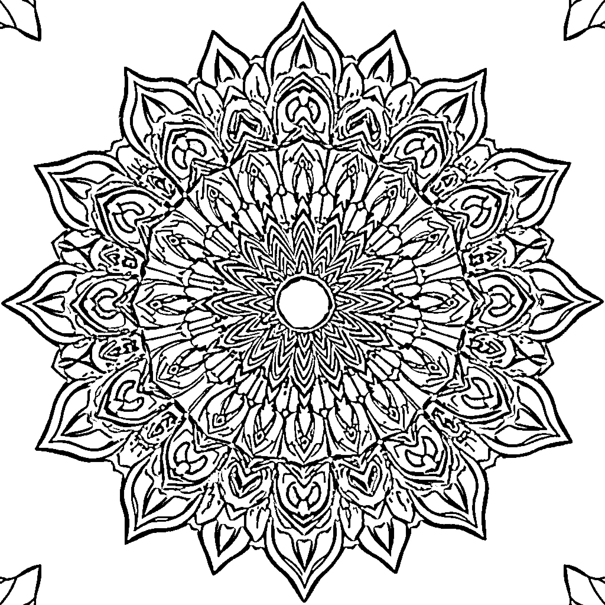Mandala with intricate floral patterns and symmetry Coloring Page (free black-and-white line drawing printable PDF for all, from beginners to advanced learners, including children, teens, adults, and seniors)