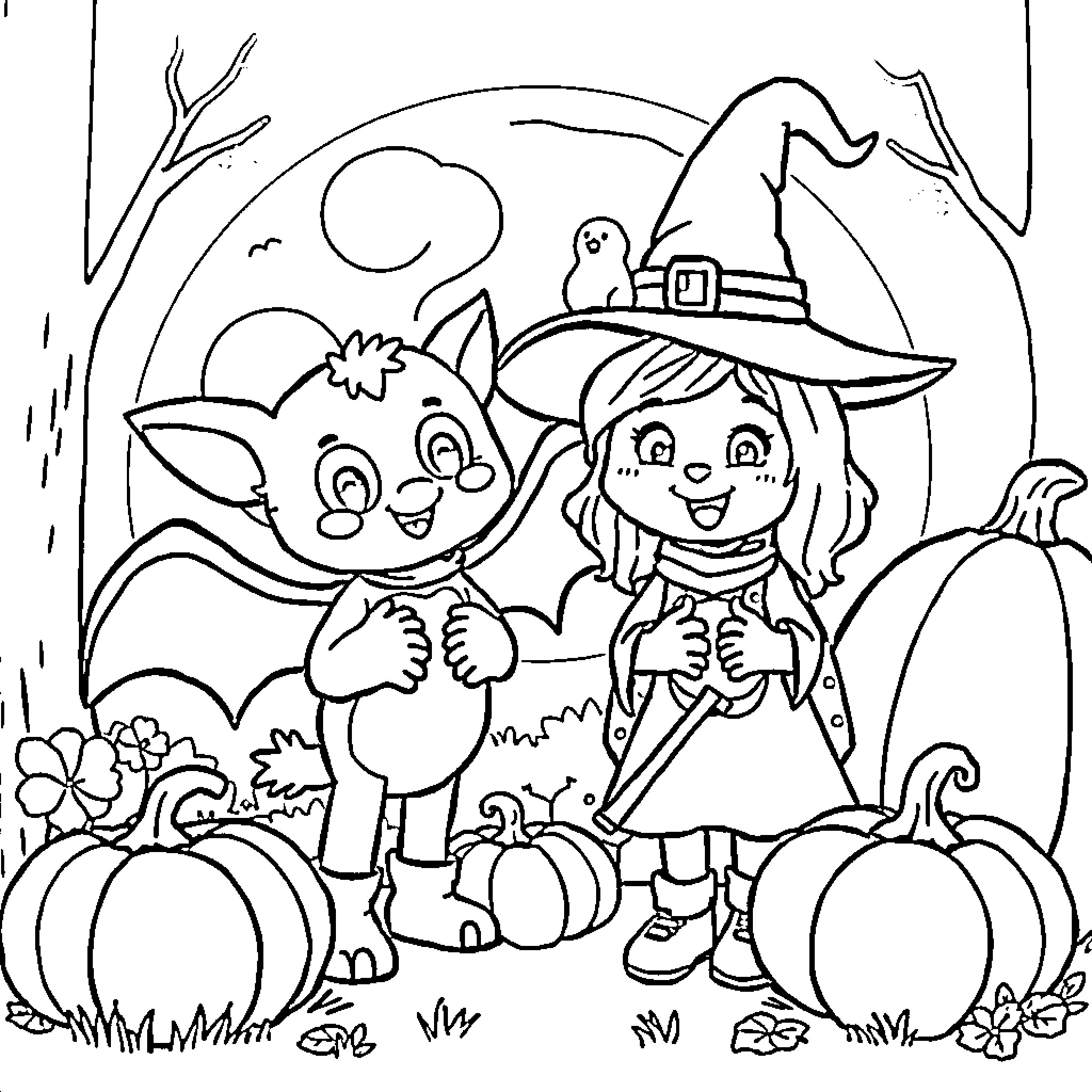 Bluey and the Halloween Witch Coloring Page (free black-and-white line drawing printable PDF for all, from beginners to advanced learners, including children, teens, adults, and seniors)