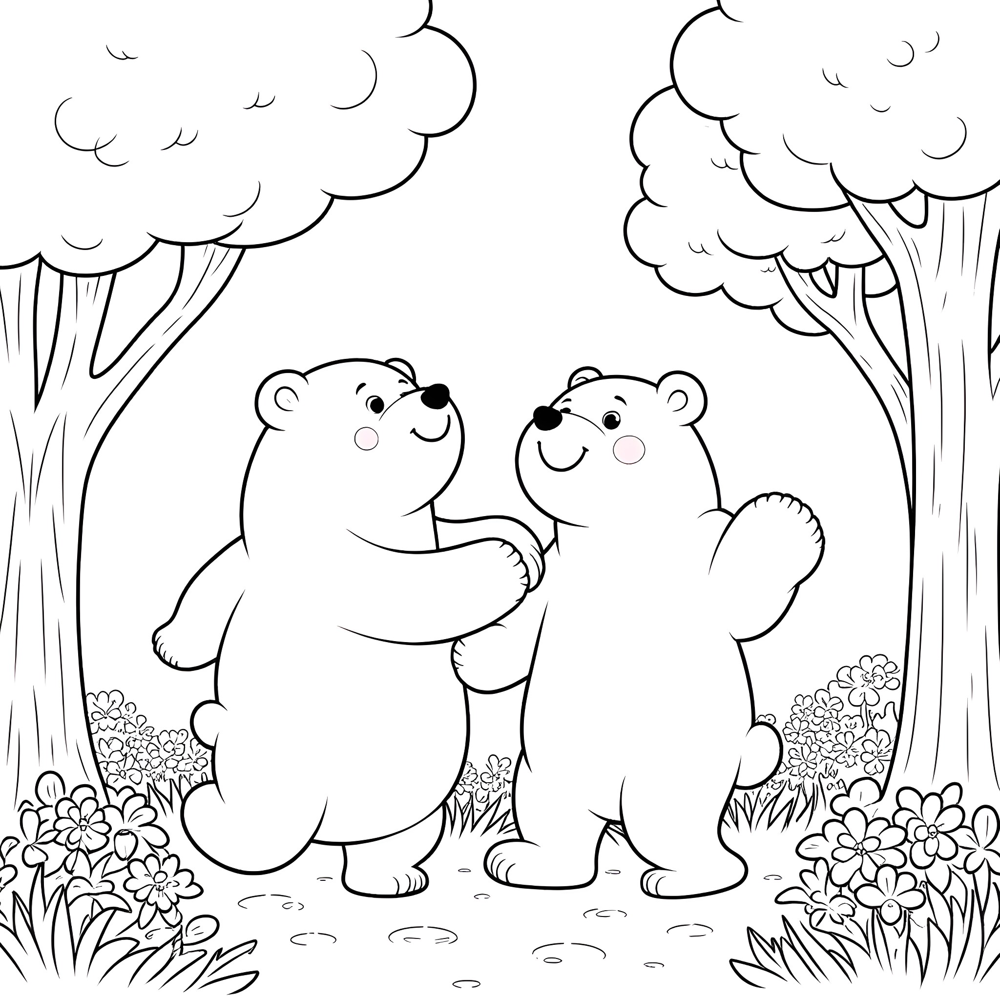 Bear friends cuddling in a cozy forest Coloring Page (free black-and-white line drawing printable PDF for all, from beginners to advanced learners, including children, teens, adults, and seniors)