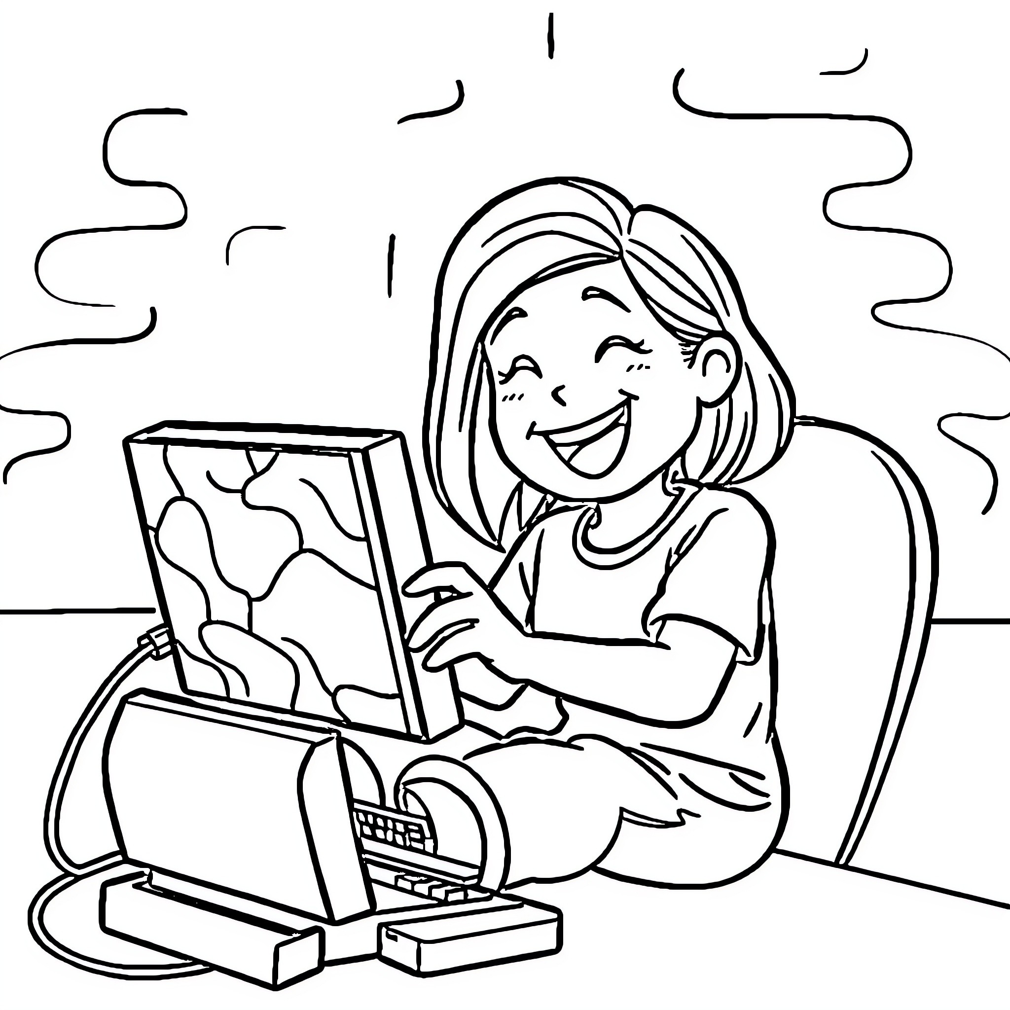 Kid happily drawing and coloring on a laptop Coloring Page (free black-and-white line drawing printable PDF for all, from beginners to advanced learners, including children, teens, adults, and seniors)