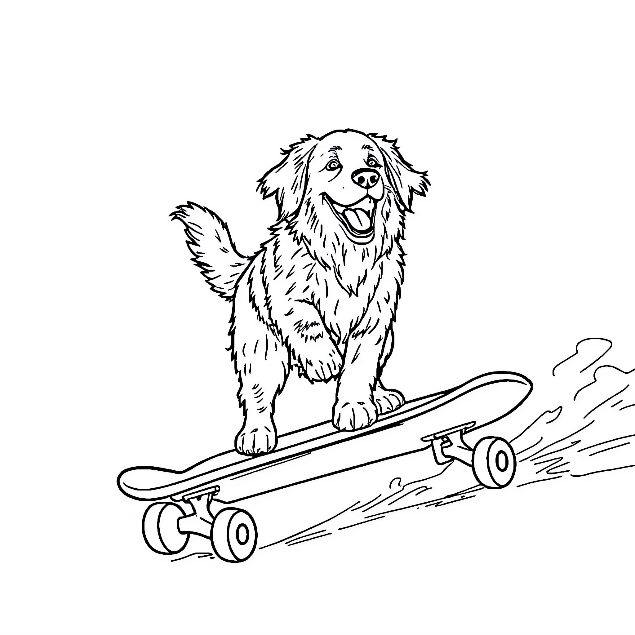 Golden Retriever riding a skateboard with excitement Coloring Page (free black-and-white line drawing printable PDF for all, from beginners to advanced learners, including children, teens, adults, and seniors)