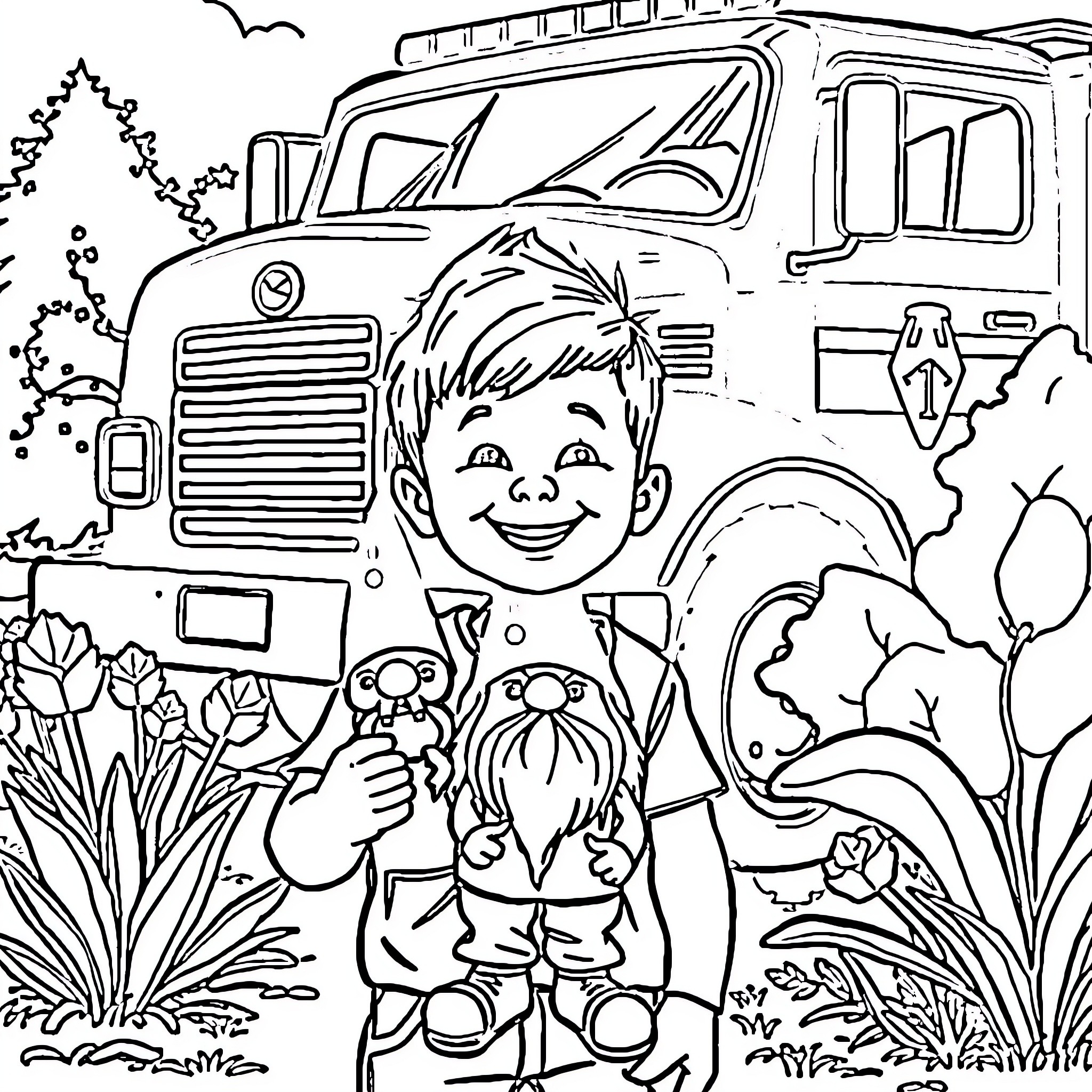 Boy playing with toys near fire truck in nature Coloring Page (free black-and-white line drawing printable PDF for all, from beginners to advanced learners, including children, teens, adults, and seniors)