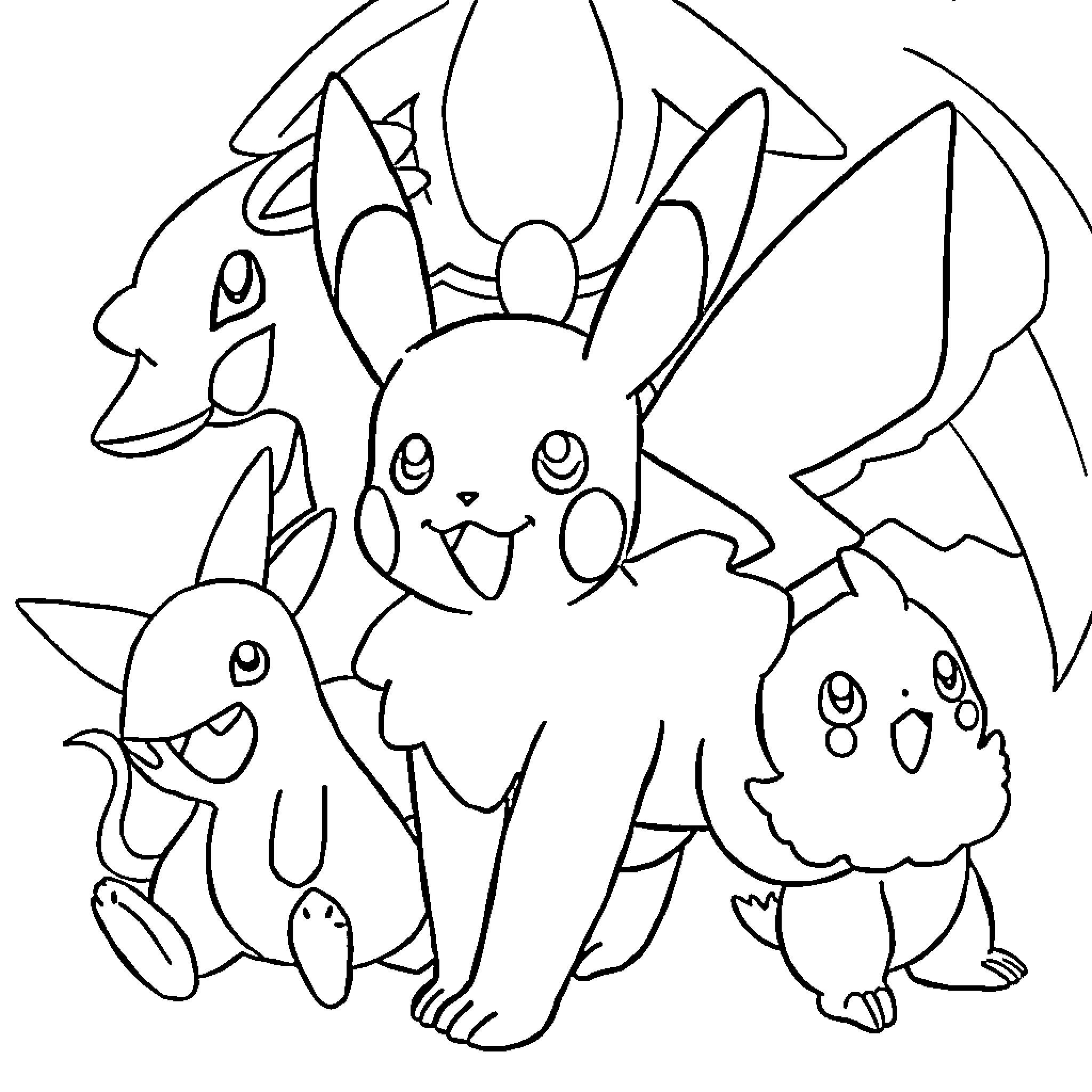Pokémon Characters Gathered Together Coloring Page (free black-and-white line drawing printable PDF for all, from beginners to advanced learners, including children, teens, adults, and seniors)
