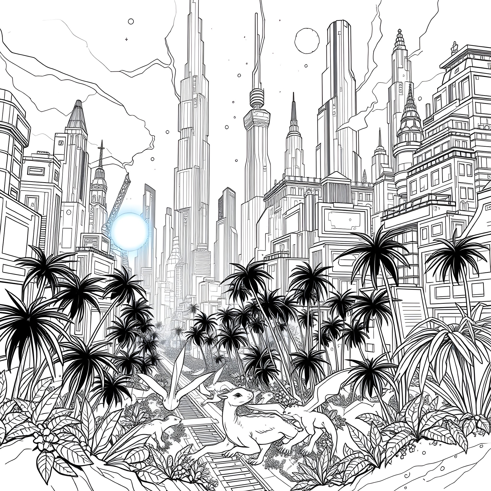World of Futuristic Metropolis and Tropical Foliage Coloring Page (free black-and-white line drawing printable PDF for all, from beginners to advanced learners, including children, teens, adults, and seniors)