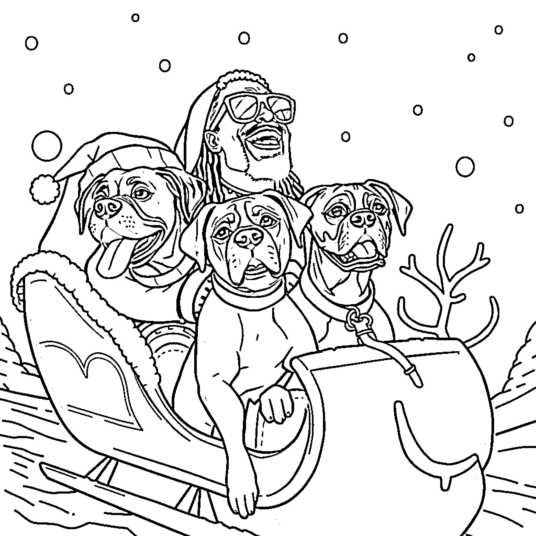 Snoop Dogg posing with a group of friendly dogs Coloring Page (free black-and-white line drawing printable PDF for all, from beginners to advanced learners, including children, teens, adults, and seniors)