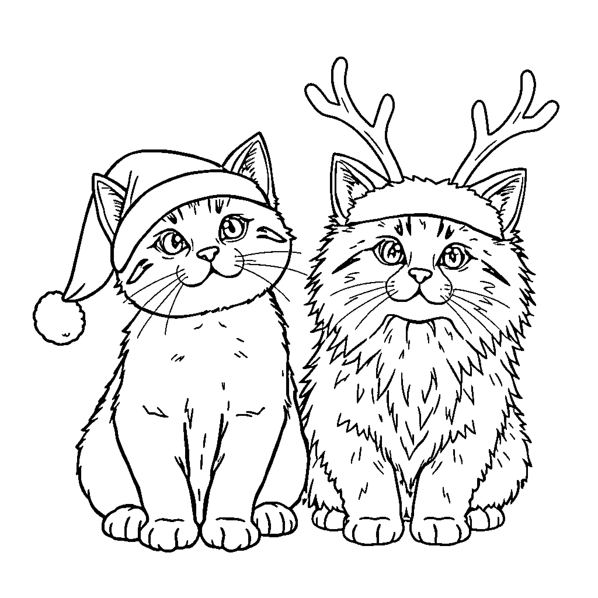 Cats wearing festive headgear Coloring Page (free black-and-white line drawing printable PDF for all, from beginners to advanced learners, including children, teens, adults, and seniors)