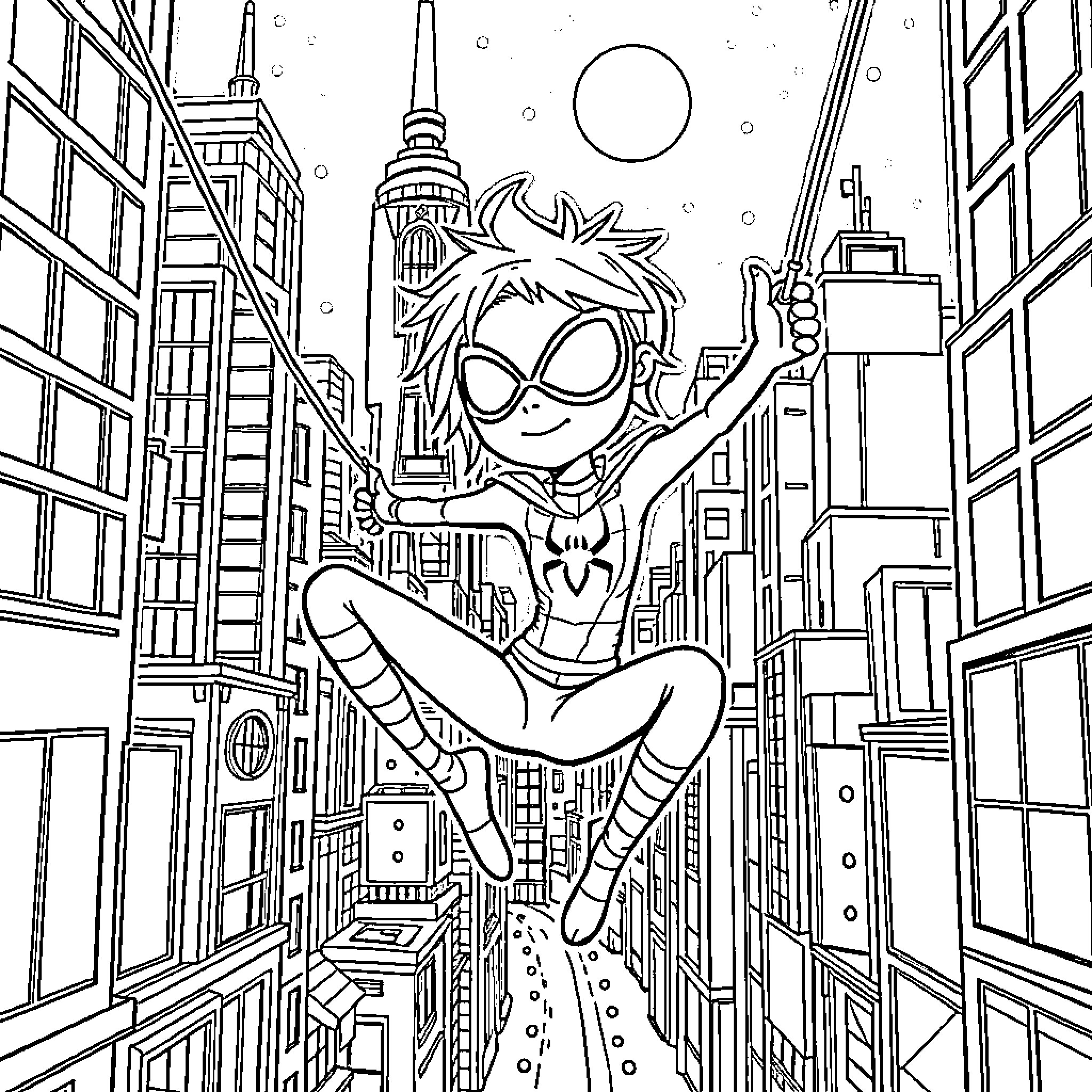 Coraline Spider-Man swinging through the city skyline Coloring Page (free black-and-white line drawing printable PDF for all, from beginners to advanced learners, including children, teens, adults, and seniors)