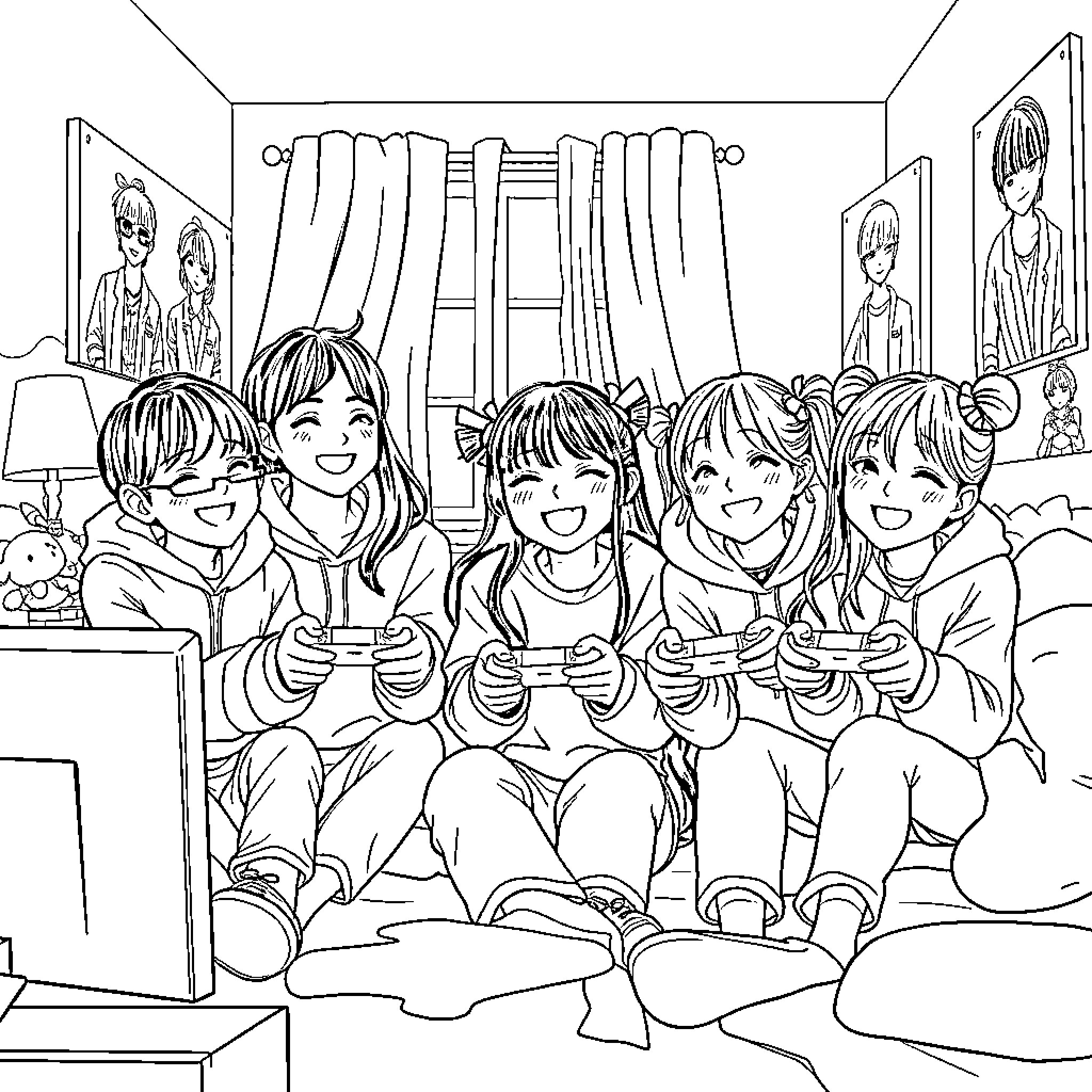 K-POP Demon Hunters Bonding Over Video Games Coloring Page (free black-and-white line drawing printable PDF for all, from beginners to advanced learners, including children, teens, adults, and seniors)