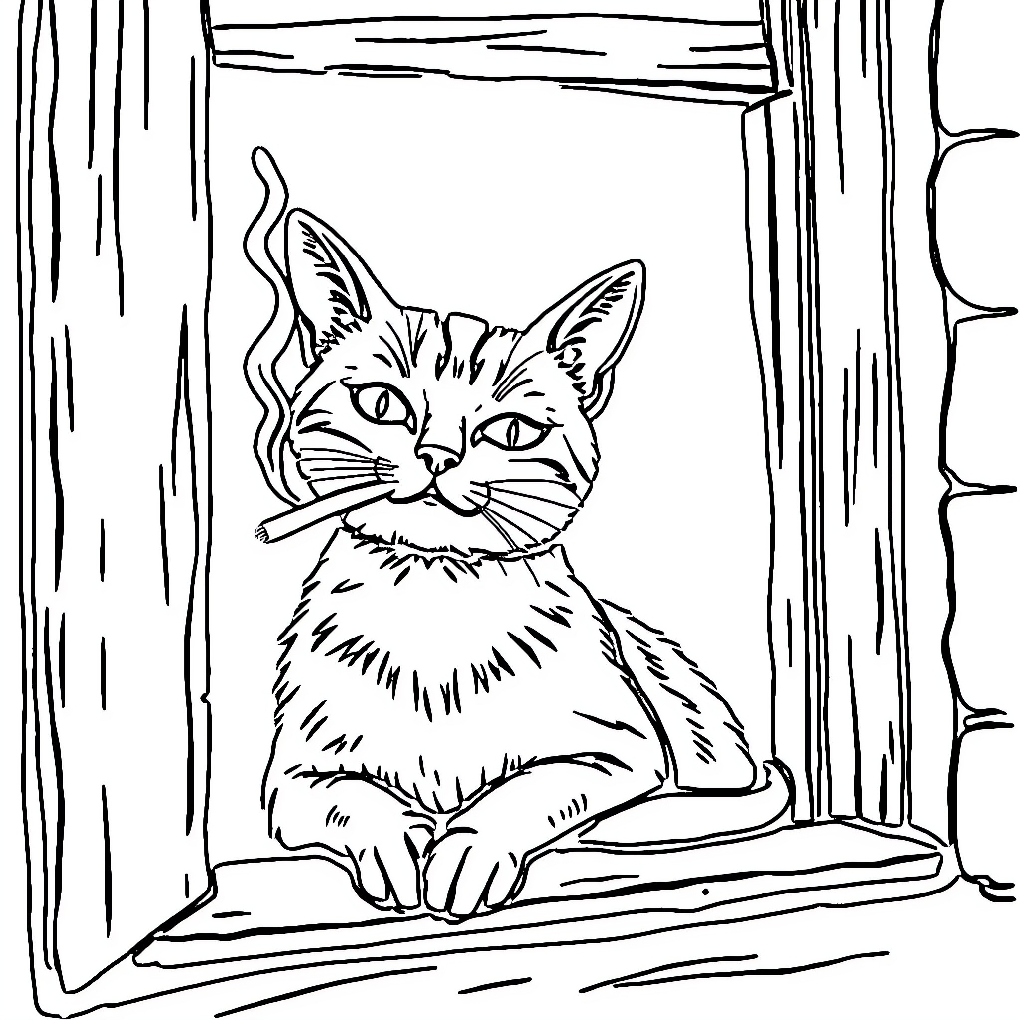 Cat Gazing through Window Coloring Page (free black-and-white line drawing printable PDF for all, from beginners to advanced learners, including children, teens, adults, and seniors)