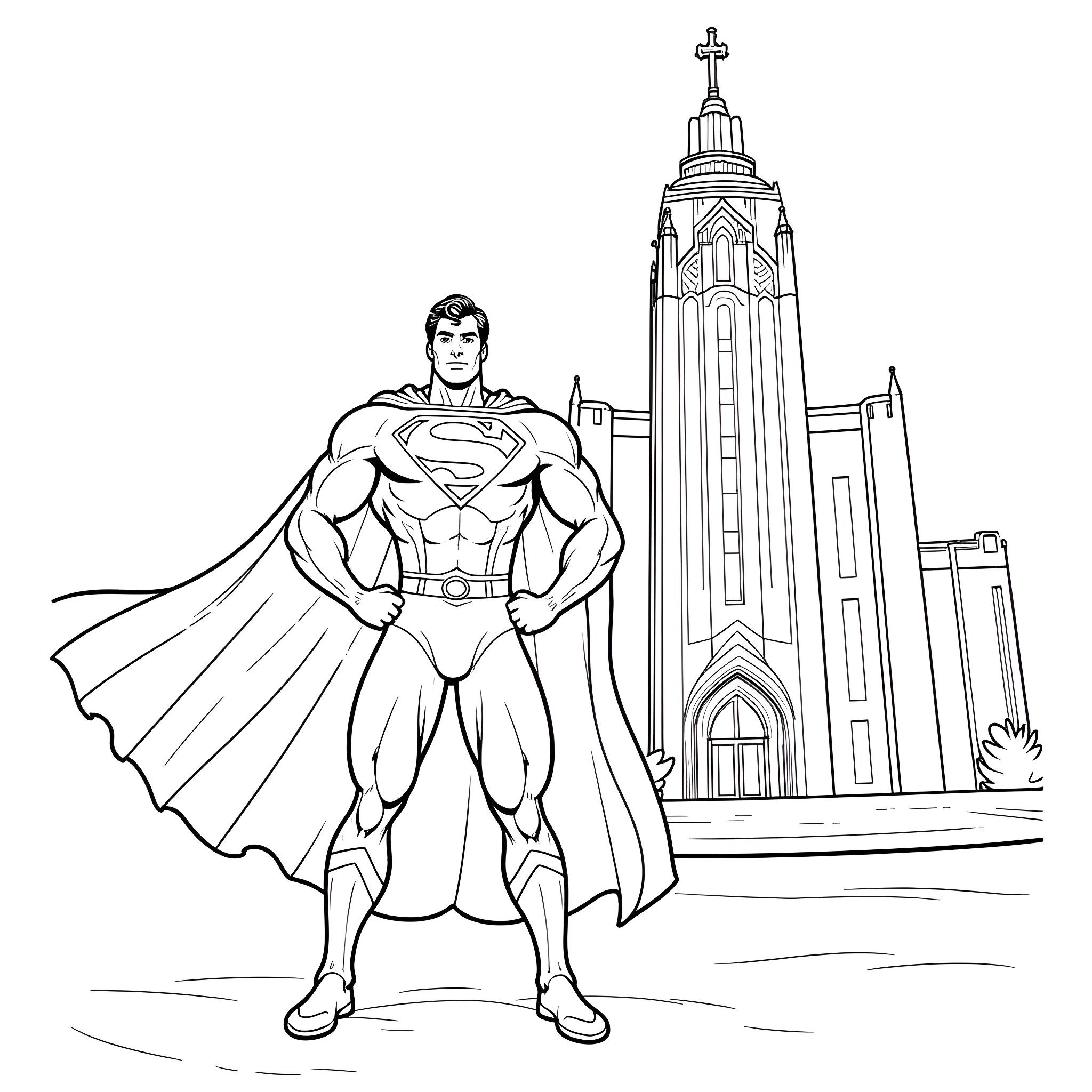 Superman standing confidently in front of a grand cathedral Coloring Page (free black-and-white line drawing printable PDF for all, from beginners to advanced learners, including children, teens, adults, and seniors)
