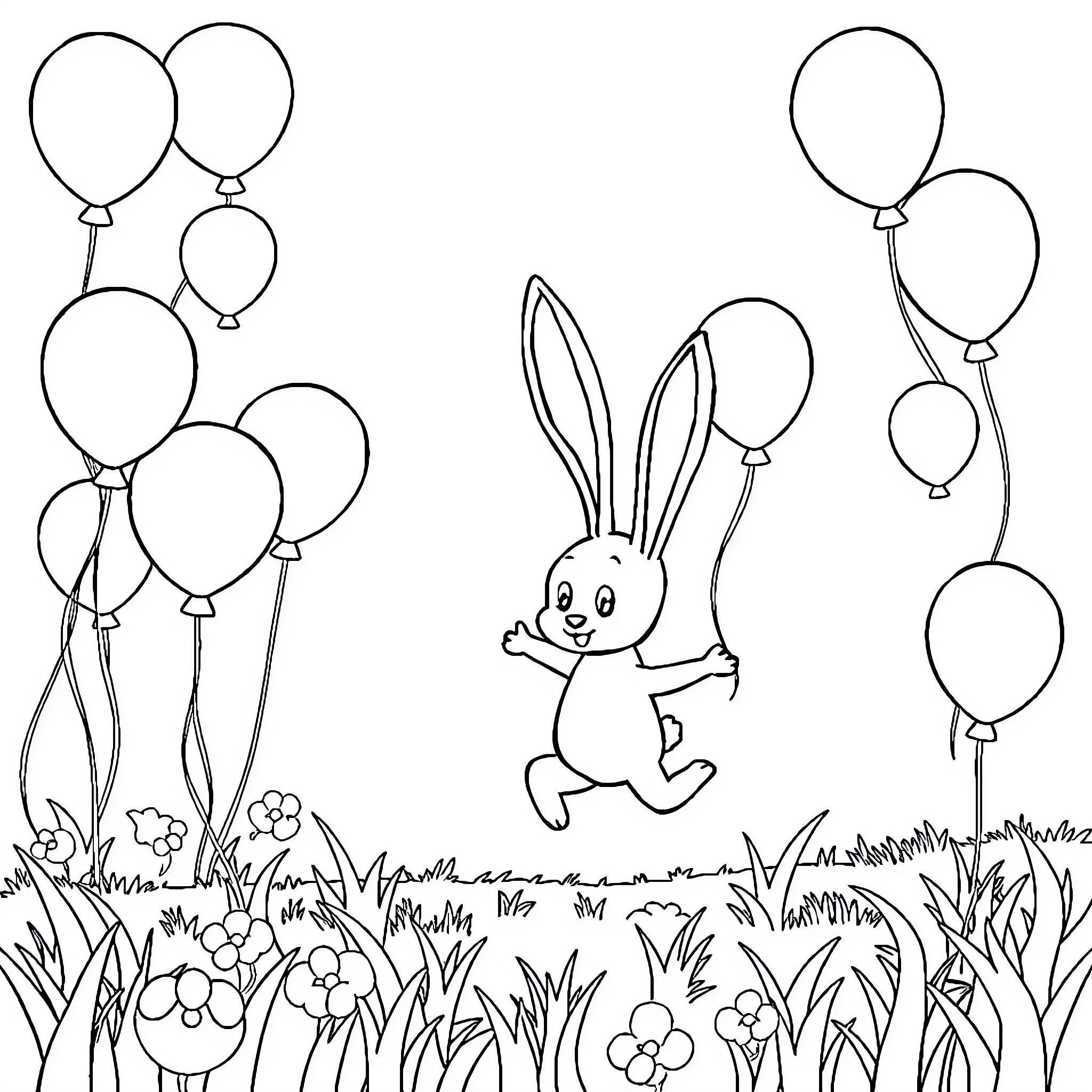 Bunny hopping with balloons in a meadow Coloring Page (free black-and-white line drawing printable PDF for all, from beginners to advanced learners, including children, teens, adults, and seniors)