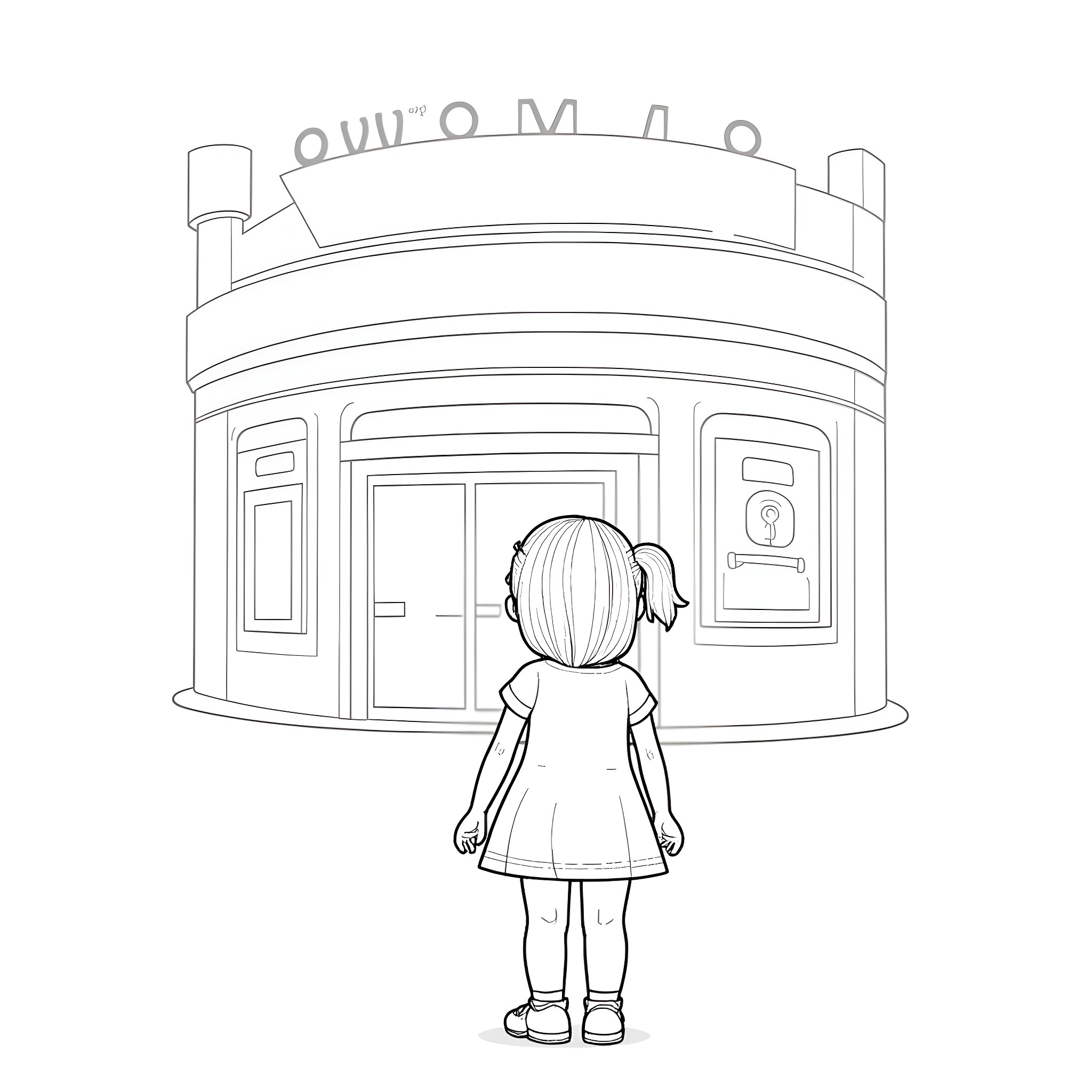 Girl exploring the local store Coloring Page (free black-and-white line drawing printable PDF for all, from beginners to advanced learners, including children, teens, adults, and seniors)