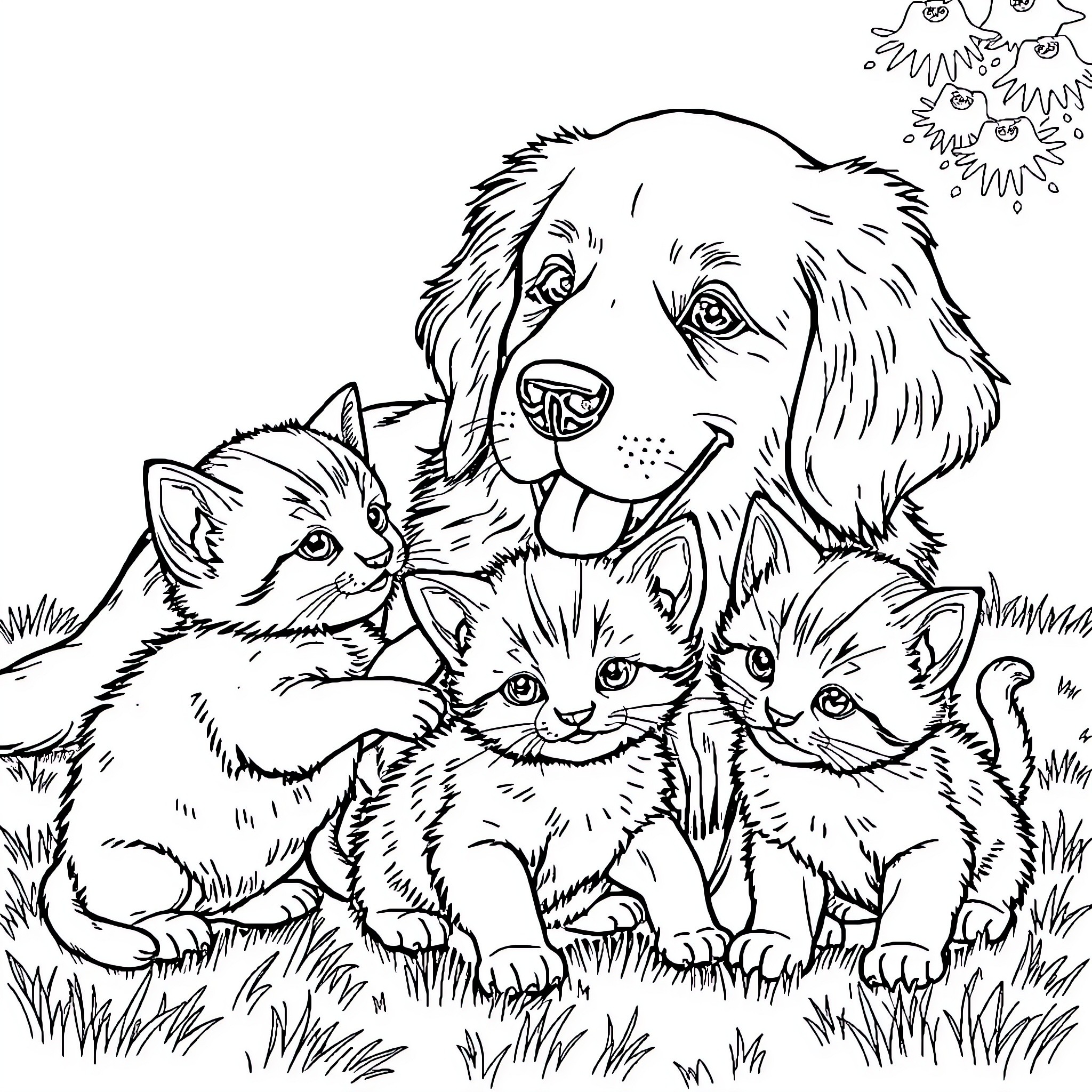 Dog happily playing with curious kittens in nature Coloring Page (free black-and-white line drawing printable PDF for all, from beginners to advanced learners, including children, teens, adults, and seniors)