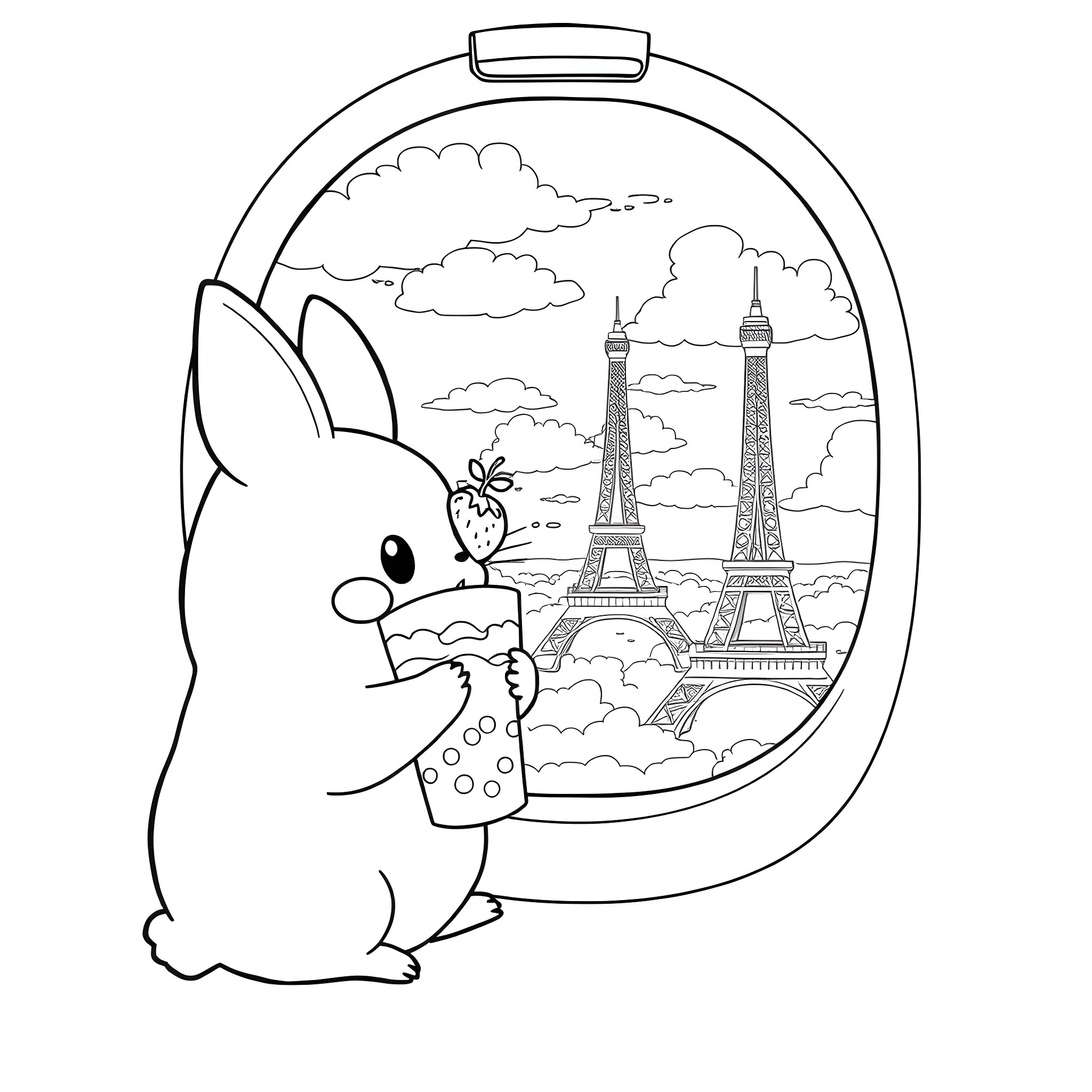 Pochacco visiting the Eiffel Tower in Paris Coloring Page (free black-and-white line drawing printable PDF for all, from beginners to advanced learners, including children, teens, adults, and seniors)