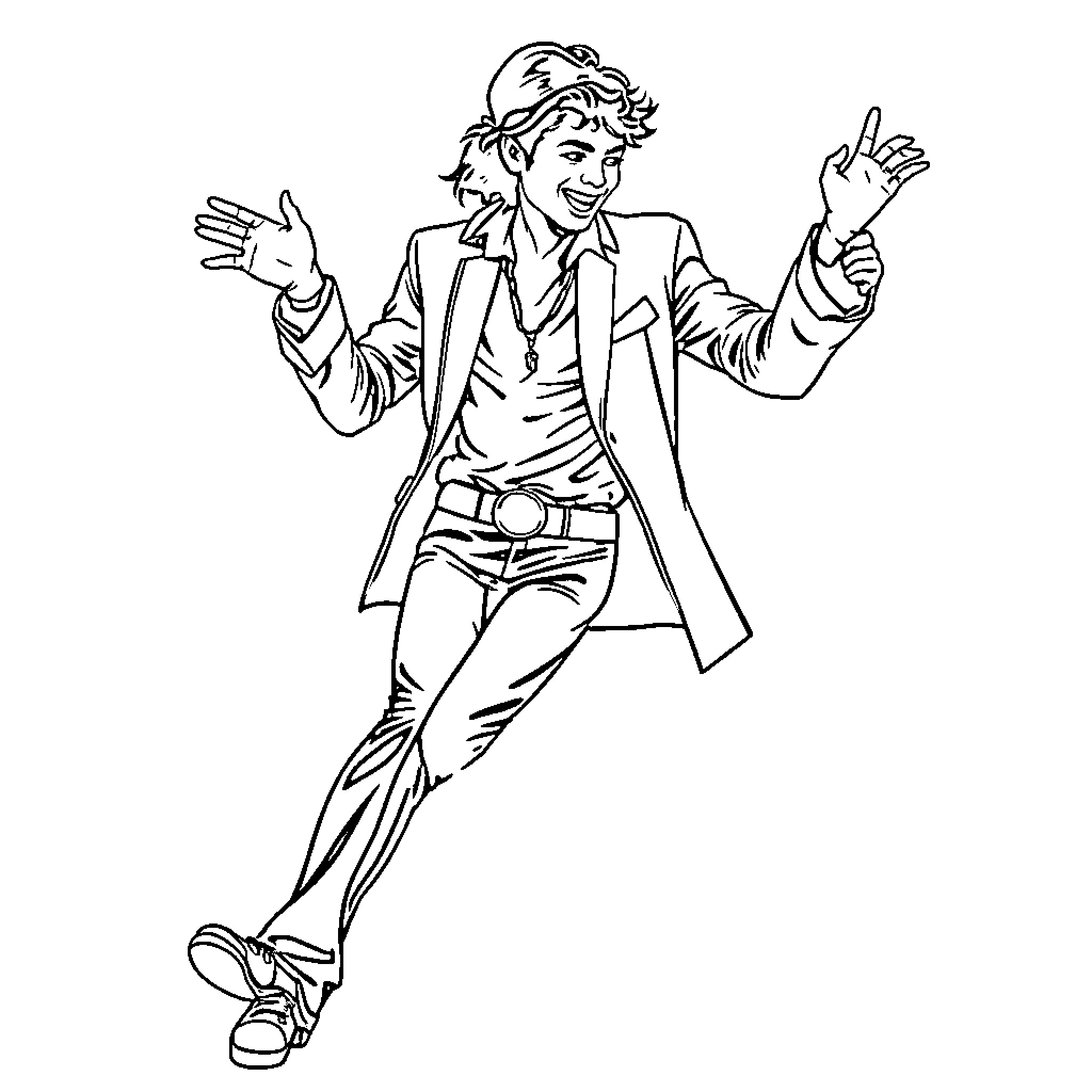 Michael Jackson dancing with joyful expression Coloring Page (free black-and-white line drawing printable PDF for all, from beginners to advanced learners, including children, teens, adults, and seniors)