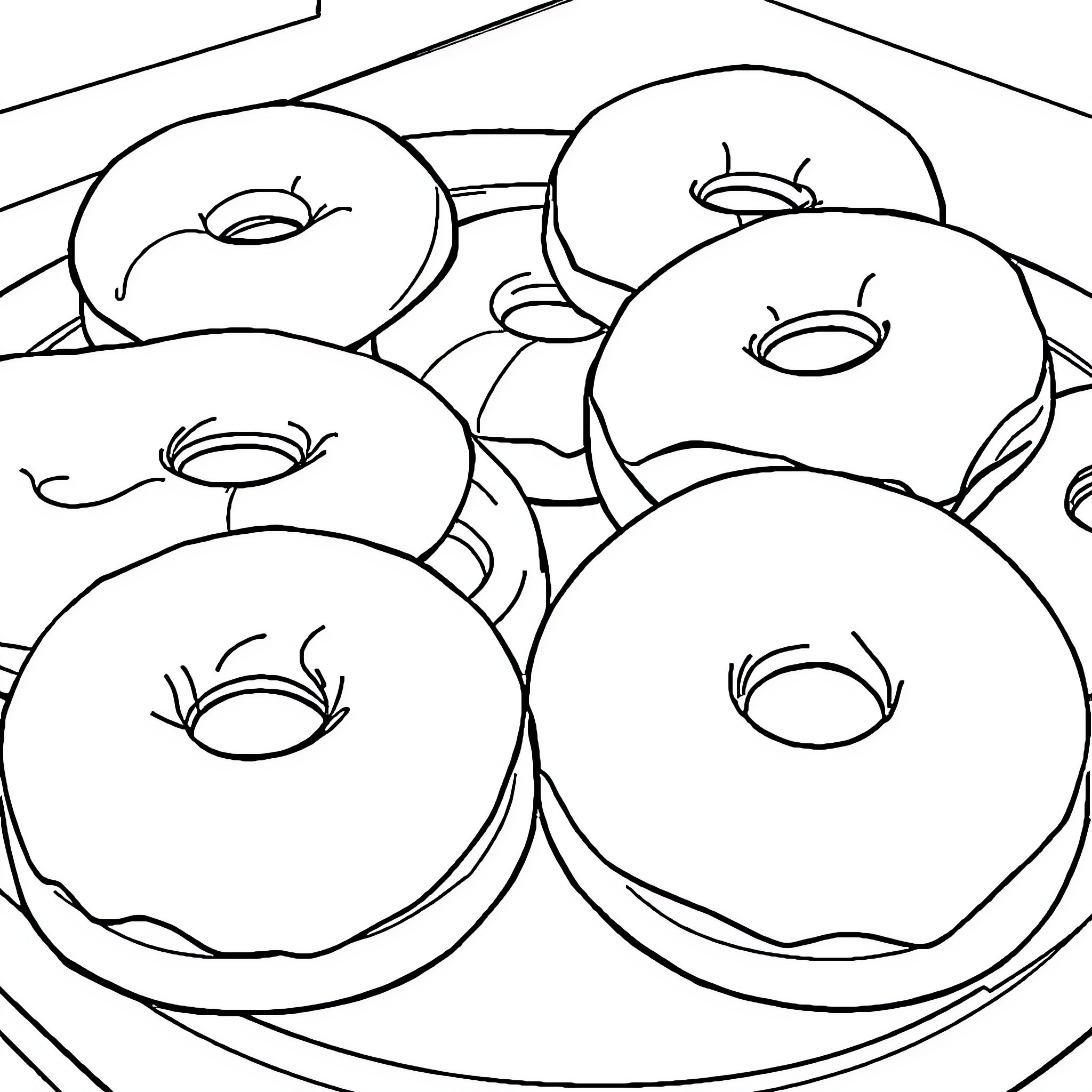Doughnut pile with happy expressions Coloring Page (free black-and-white line drawing printable PDF for all, from beginners to advanced learners, including children, teens, adults, and seniors)