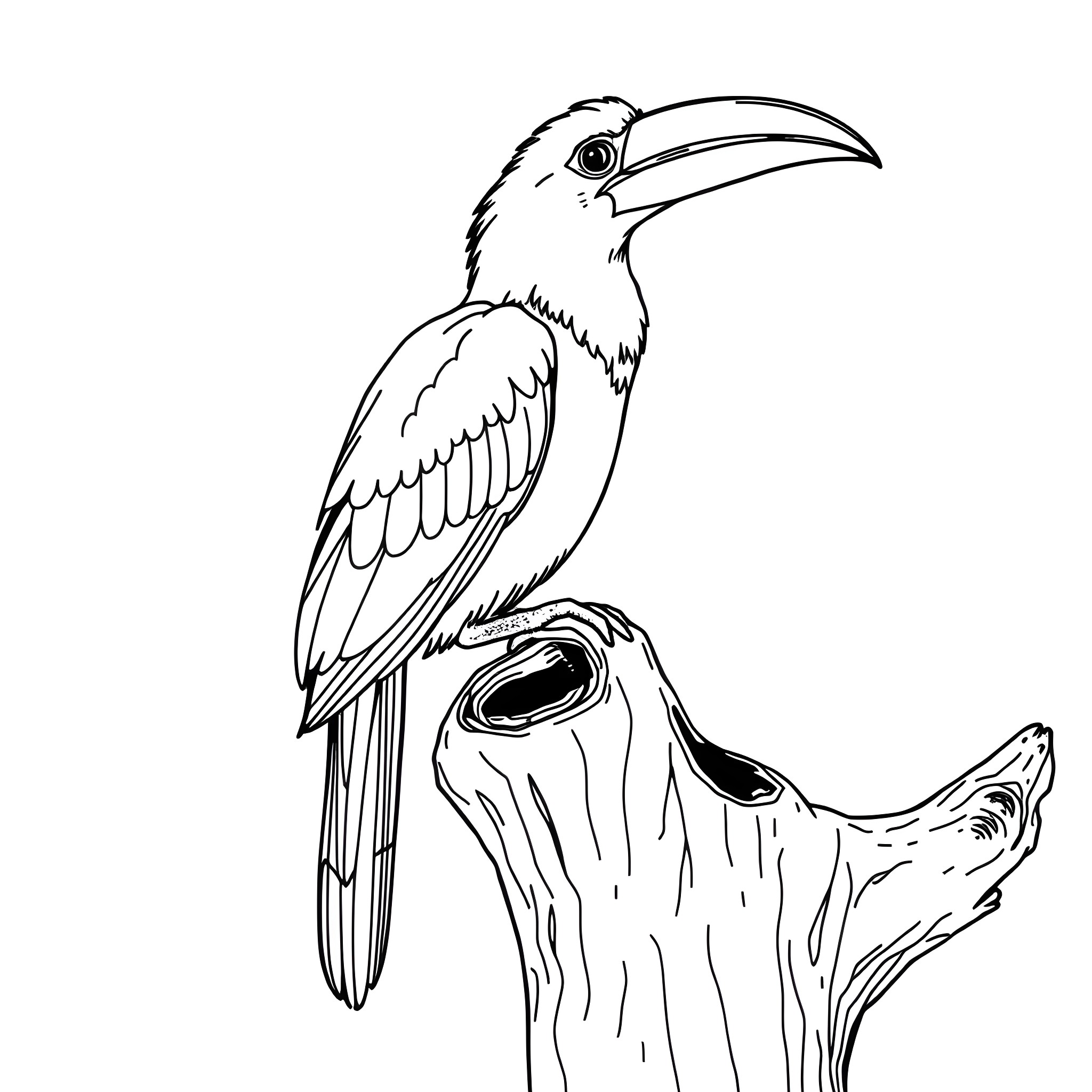 Toucanet resting on tree branch Coloring Page (free black-and-white line drawing printable PDF for all, from beginners to advanced learners, including children, teens, adults, and seniors)