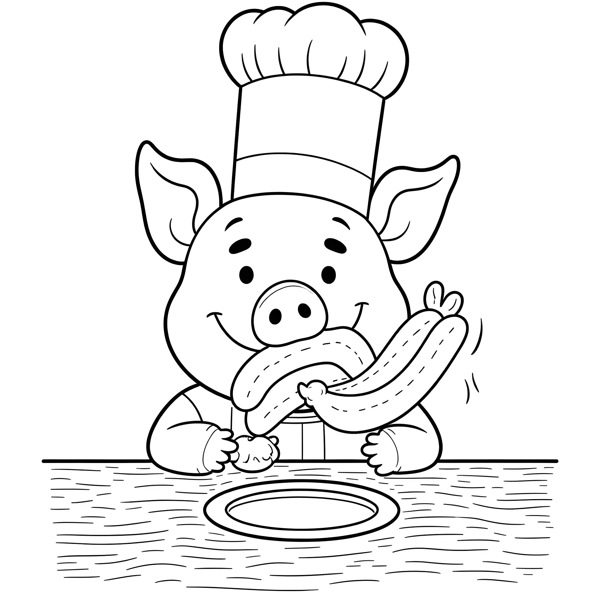 Pig chef cooking a sausage in the kitchen Coloring Page (free black-and-white line drawing printable PDF for all, from beginners to advanced learners, including children, teens, adults, and seniors)