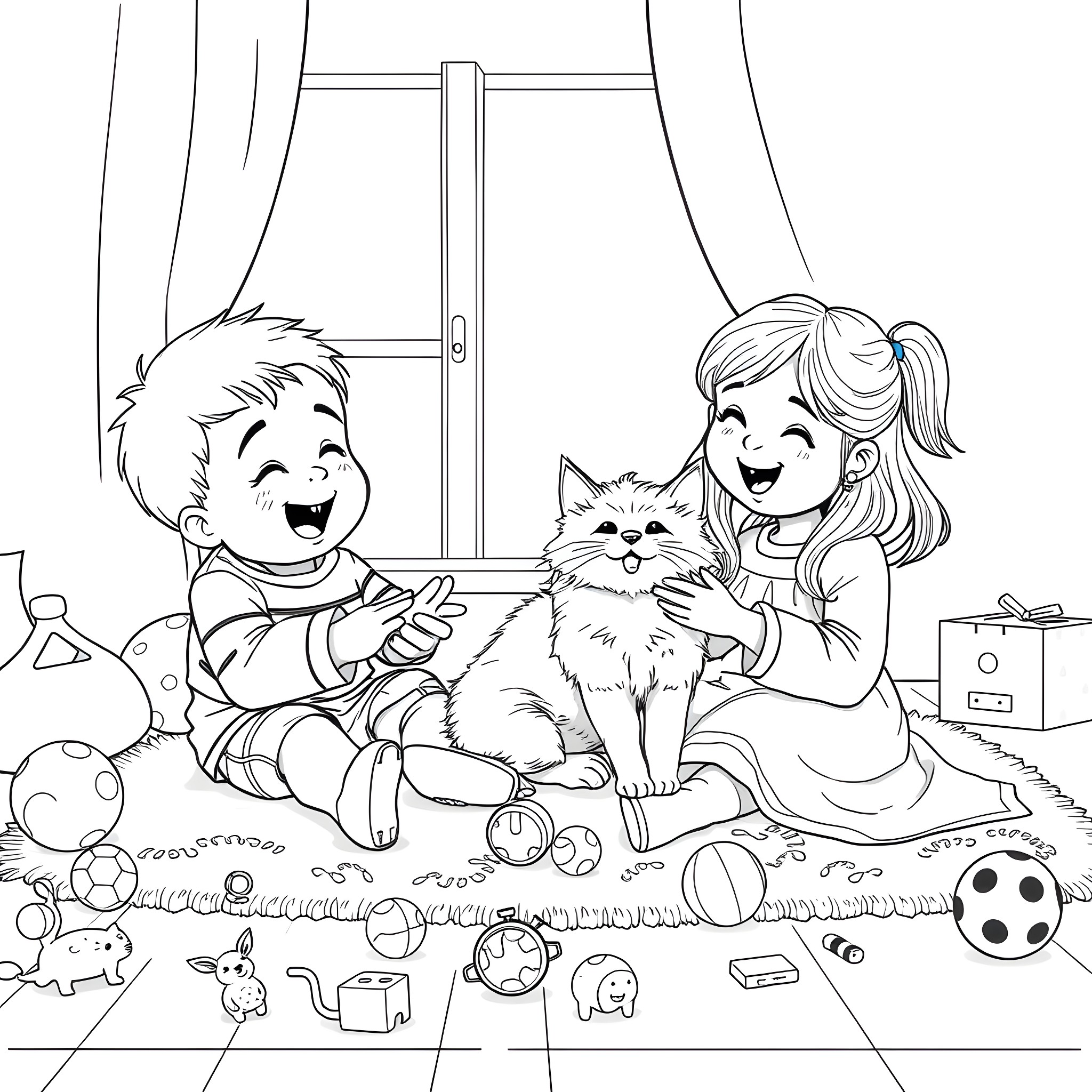 Cat and children playing happily together indoors Coloring Page (free black-and-white line drawing printable PDF for all, from beginners to advanced learners, including children, teens, adults, and seniors)