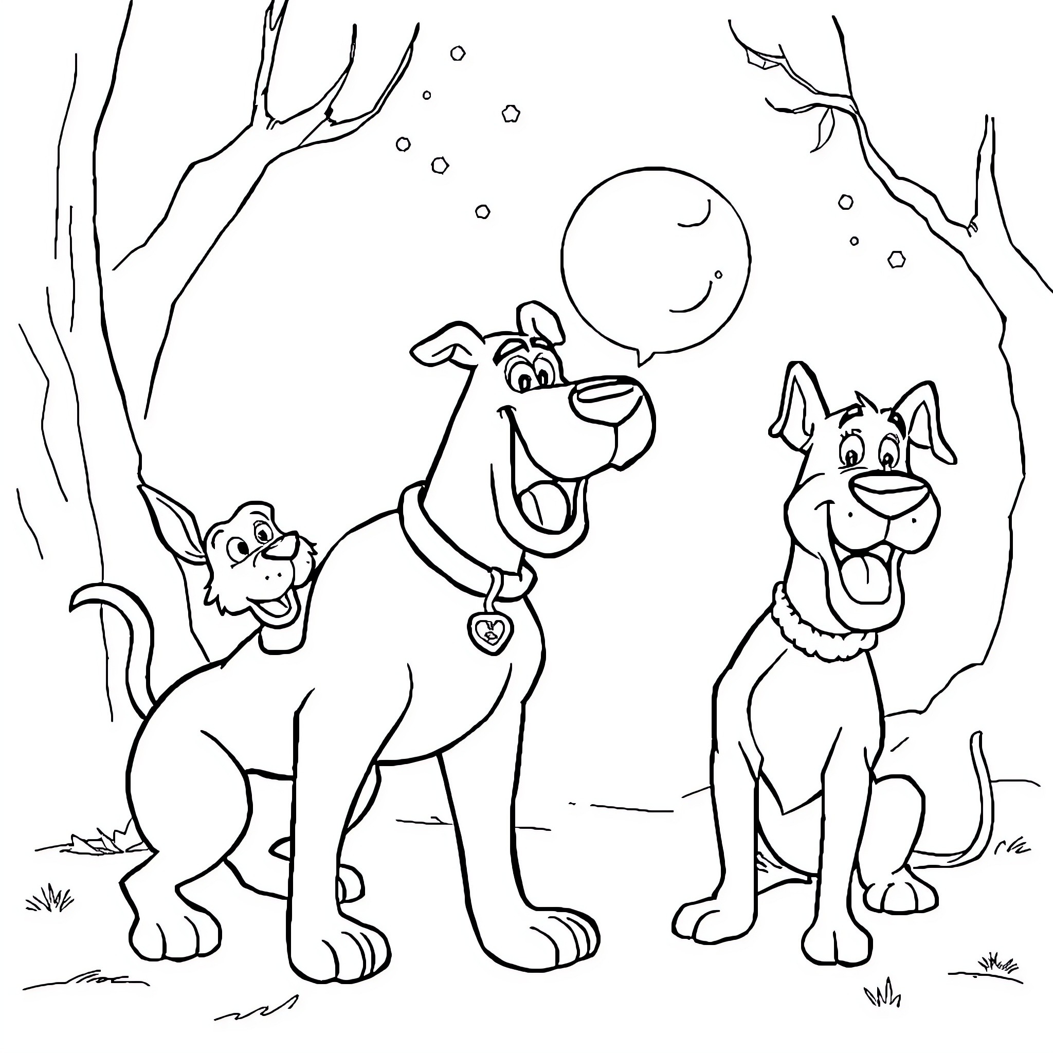 Scooby Doo and friends explore the enchanted forest Coloring Page (free black-and-white line drawing printable PDF for all, from beginners to advanced learners, including children, teens, adults, and seniors)