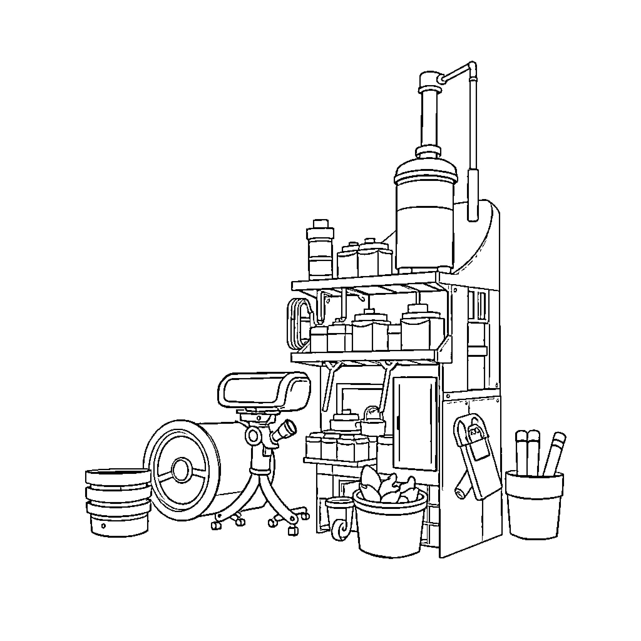 Portefeuille of tools and workshop equipment Coloring Page (free black-and-white line drawing printable PDF for all, from beginners to advanced learners, including children, teens, adults, and seniors)
