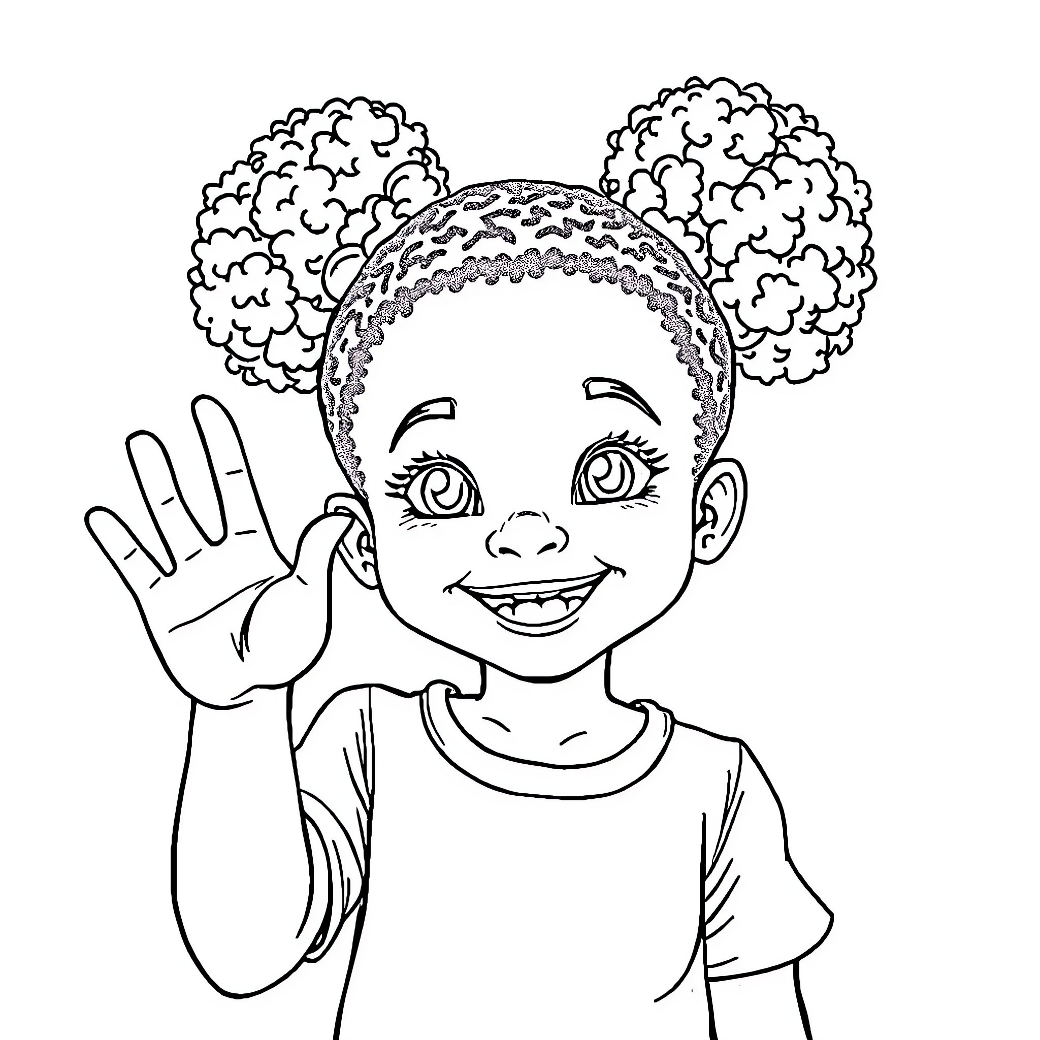 Girl Waving Happily with Curly Hair Coloring Page (free black-and-white line drawing printable PDF for all, from beginners to advanced learners, including children, teens, adults, and seniors)